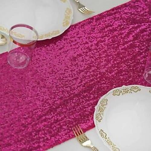 Miniatura 7 de JYFLZQ Camino de mesa de lentejuelas rosa intenso de 12 x 72 pulgadas, paquete de 5 caminos de mesa metálicos brillantes de color fucsia con