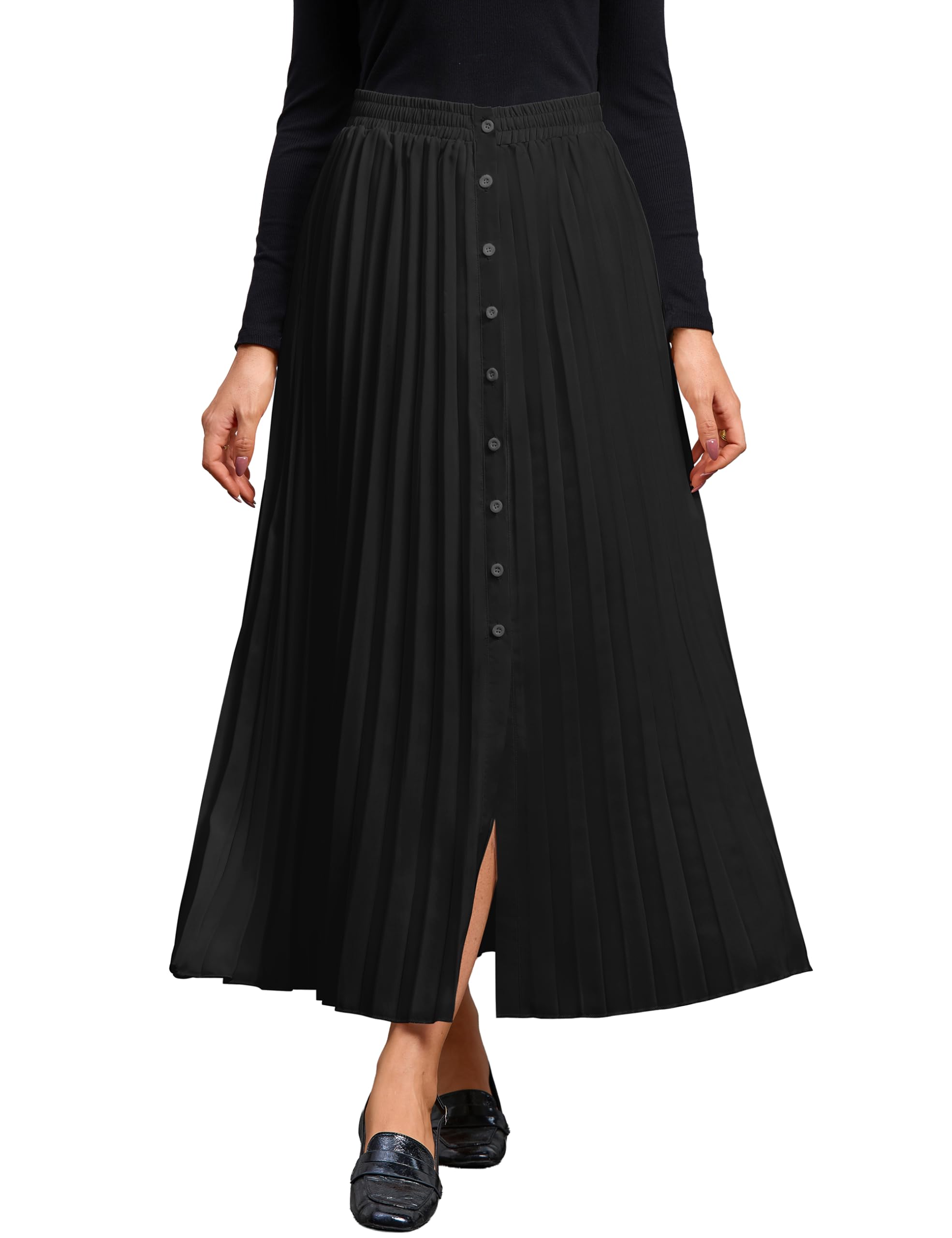 MAKABO Womens Maxi A Line Skirt with Slit Summer Pleated Long Skirt Prussian Blue Outfits for Date Night