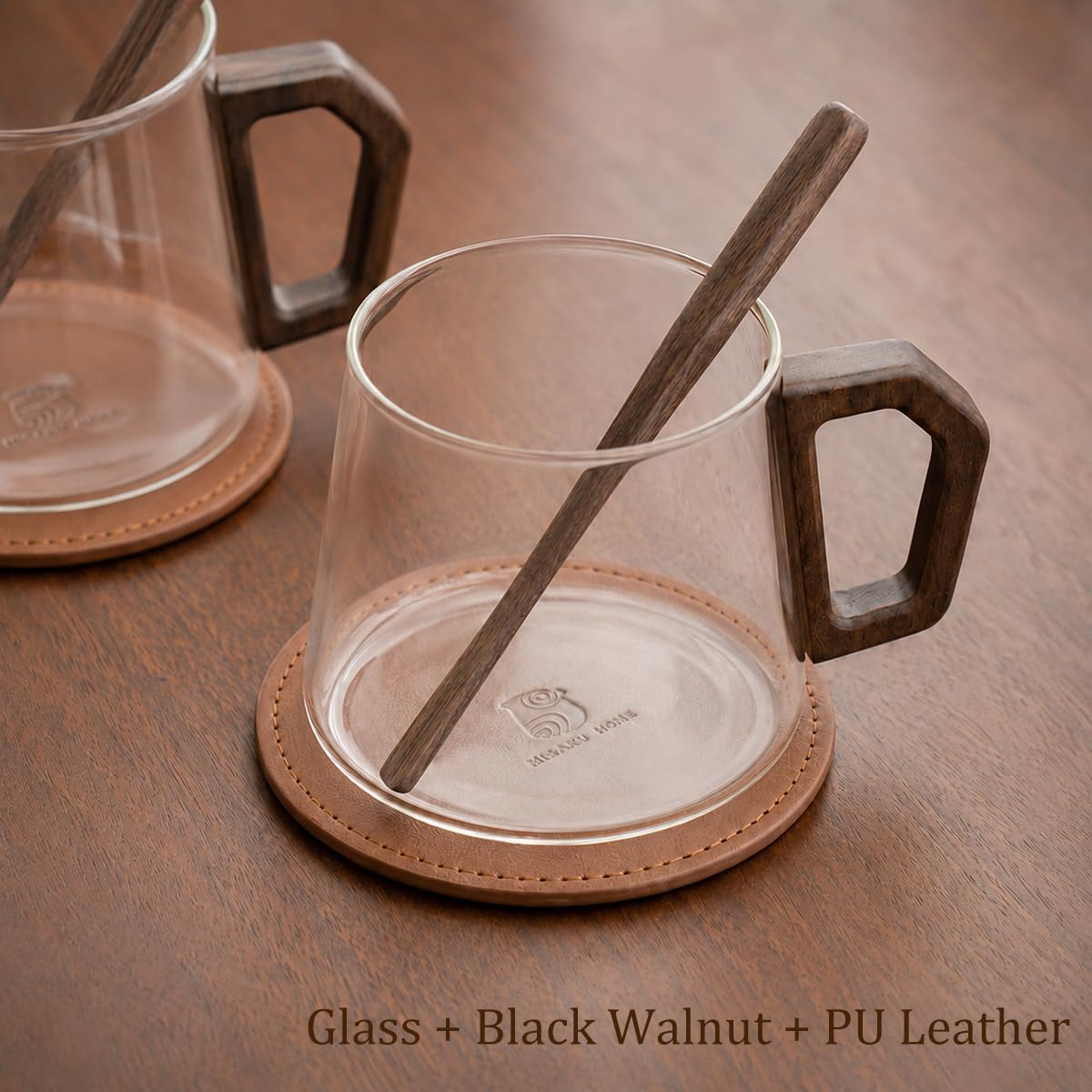 12 oz Glass Coffee Cups Set of 2, Cappuccino Cup Set with PU leather Coasters and Black Walnut Stirrers, 350ml Clear Latte Mugs for Coffee, Tea, Espresso, Hot and Cold Beverages