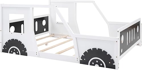 Miniatura 9 de MERITLINE Cama de suelo para niños, cama completa en forma de automóvil con ruedas, marcos de cama matrimonial de madera con puertas y ventanas,