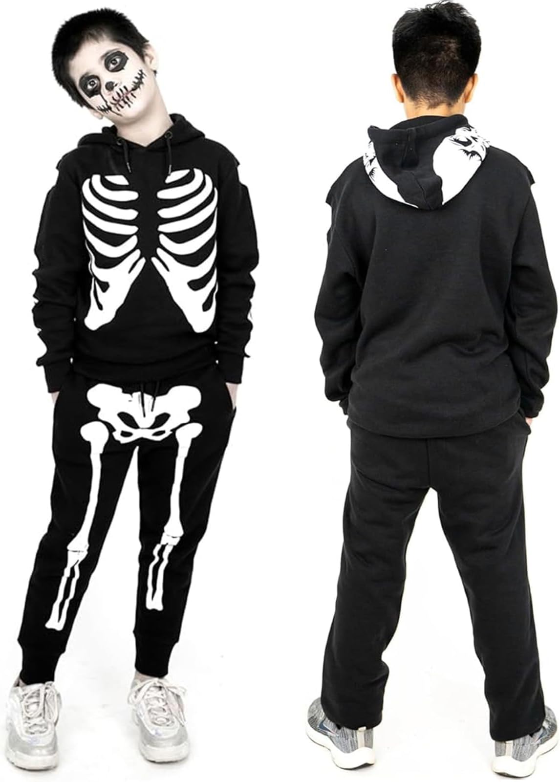 NOROZE Unisex Halloween Skeleton Tracksuit Set Mens and Girls Skull Bones Printed Long Sleeve 2 Piece Outfit Set Hoodie with Jogging Pants Halloween Costume for Kids