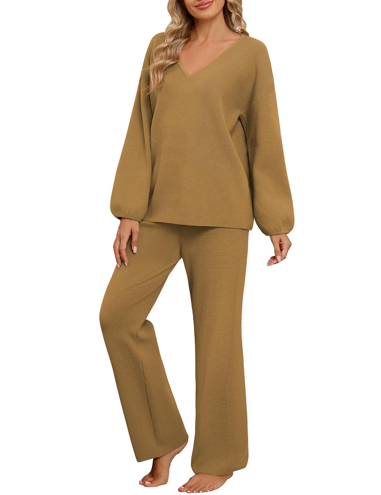 Dwuczęściowy damski elegancki strój domowy, przytulny, z długim rękawem, luźny dres treningowy, zestaw wypoczynkowy, prążkowany, dekolt w serek, 2-częściowy strój rekreacyjny z swetrem z