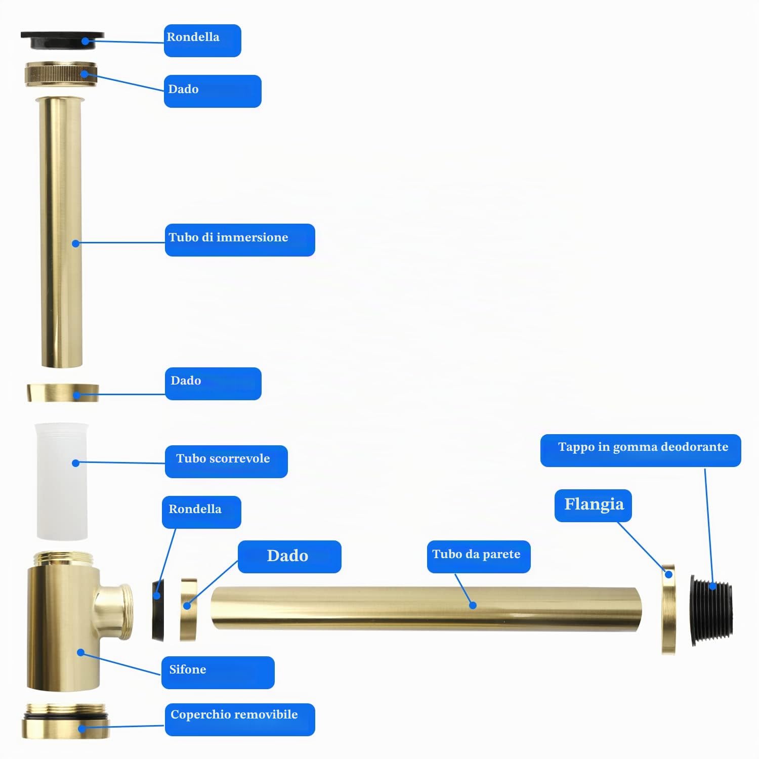 Sifone di design [Tubo di immersione extra lungo da 200 mm], 1 1/4 x 32 mm Spessore regolabile dei tubi, Sifone universale in ottone per lavabo e lavandino, blocco odori (Oro spazzolato)