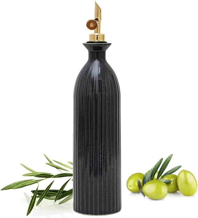 17 oz Ceramic Olive Oil Bottle Dispenser for kitchen with Stainless Automatic Spout, Stoneware 500ml Oil, Vinegar, Soy Sauce, Coffee Syrup, and Liquids container - Deep Gray-Blue