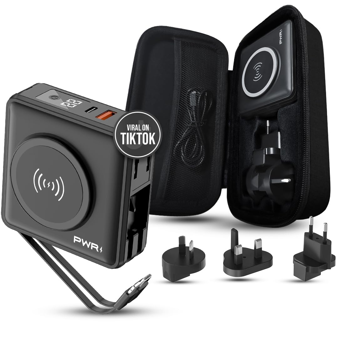 PWRMobile PWR Travel PRO 5-in-1 Power Bank with Case Included – 10,000mAh with Built-in Cables – 20W USB-C + 15W Wireless Charging – Compact Portable