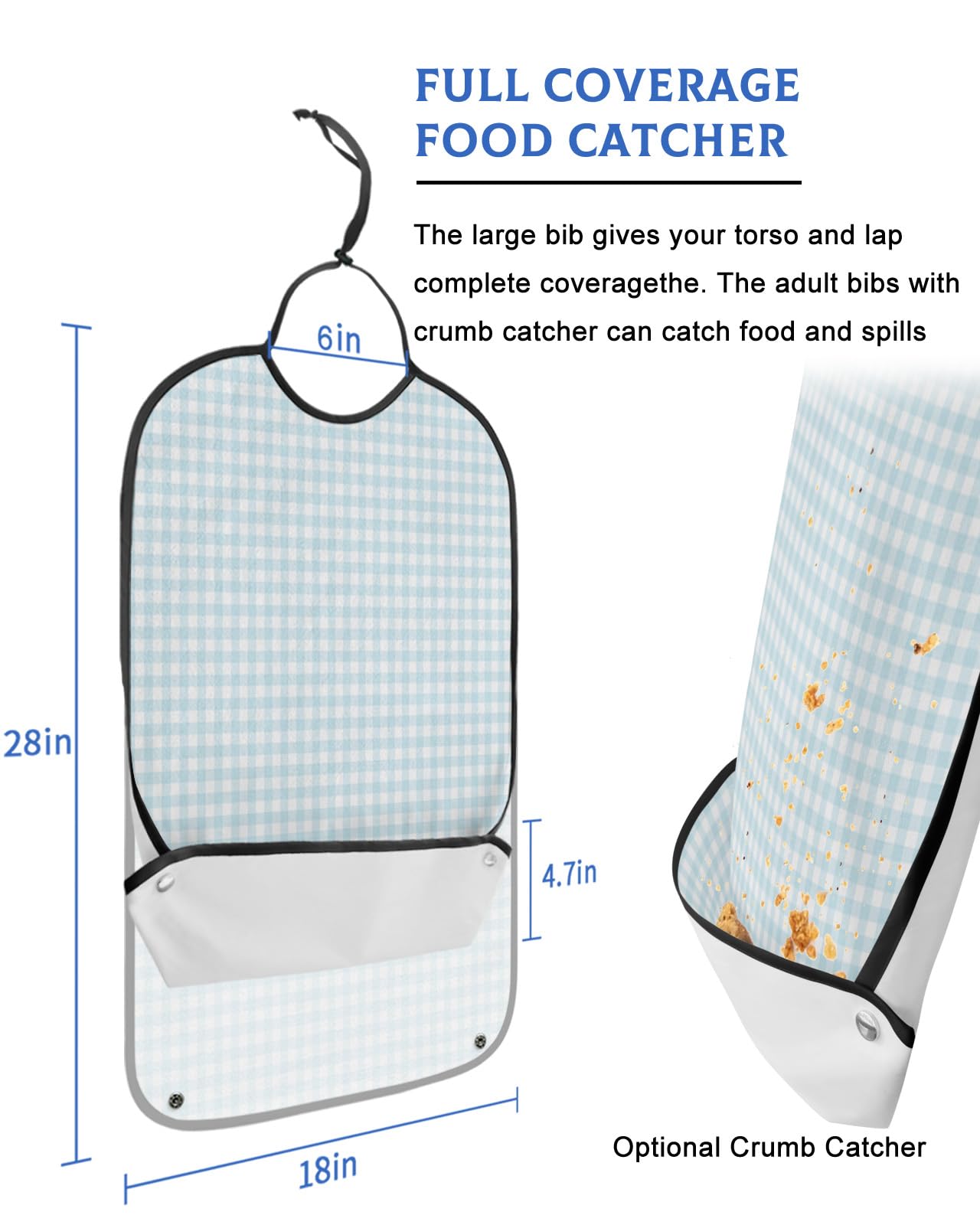 LEOKOTI Aqua Teal White Plaid Adult Bibs for Eating, Waterproof Bibs with Food Catcher & Adjustable Snap Closure, Farmhouse Checkered Washable Clothing Protectors Adult Bibs for Elderly Women/Men