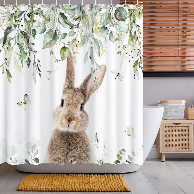 Lofaris Spring Easter Cute Bunny Shower Curtain for Bathroom Watercolor Foliage Butterfly Dragonfly Rustic Farmhouse Rabbit Bathtubs Waterproof Fabric Curtain Set Decor with 12 Hooks 72x72 Inches - image 4