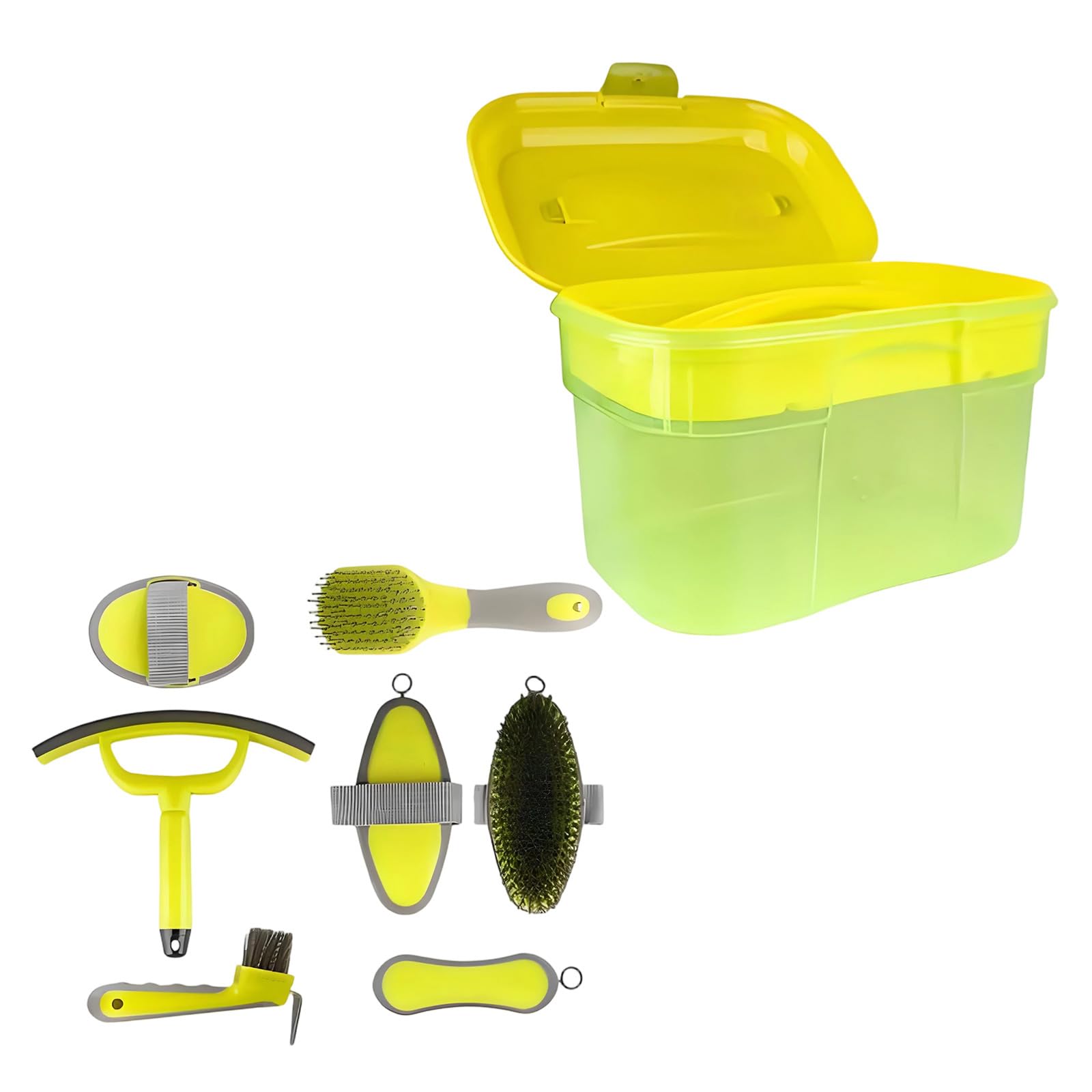 Herramientas de aseo equino con caja de almacenamiento, cepillo de caballo, peine, púa de pezuña y juego de raspador para aseo estable de rutina y viajes, herramientas equinas, juego de cepillos de