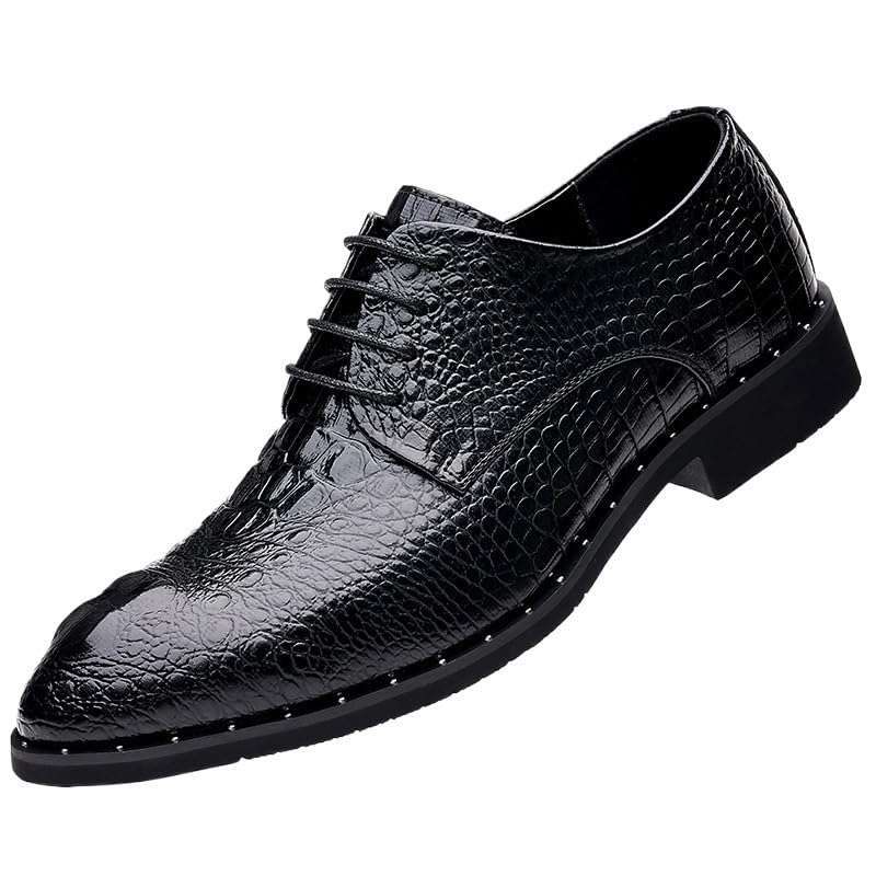 Men's Black Crocodile Leather Oxford Dress Shoes, Lace-Up Formal Shoes for Wedding, Party, Business, British Style Tuxedo Shoes