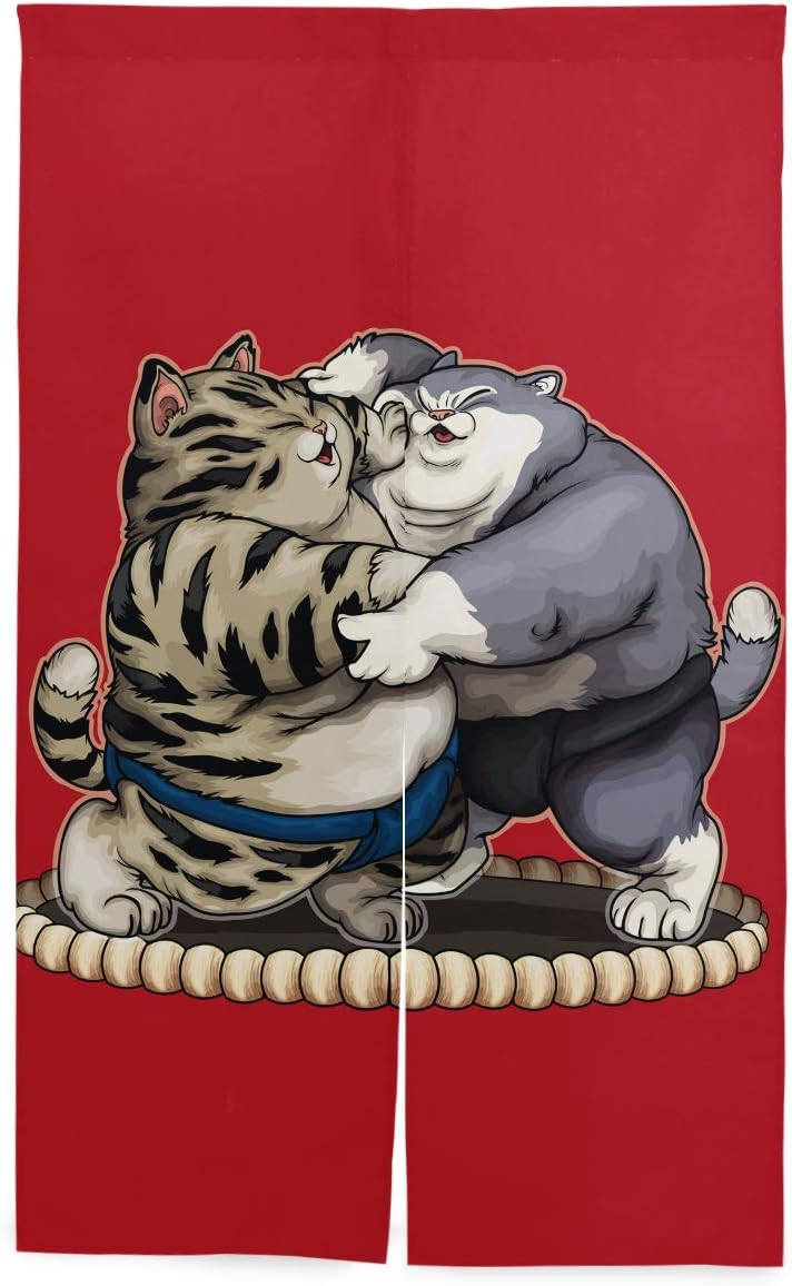 Chovy のれん 間仕切り おしゃれ 目隠し 遮光 暖簾 ロング 猫柄 ねこ 相撲 かわいい 可愛い おもしろ 断熱 玄関 キッチン リビング カーテン 部屋 北欧 和風 突っ張り棒付き