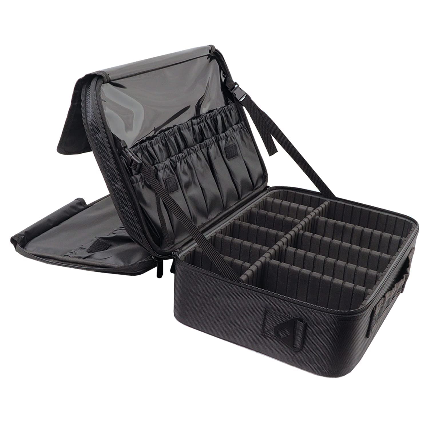 GoodsneticLarge Makeup Case, 40x29x13cm Travel Makeup Bag Makeup Organisers, Professional Cosmetic Case Artists Bag Brush Holder with Brush Slots Adjustable Divider Waterproof Material (XL, Black)