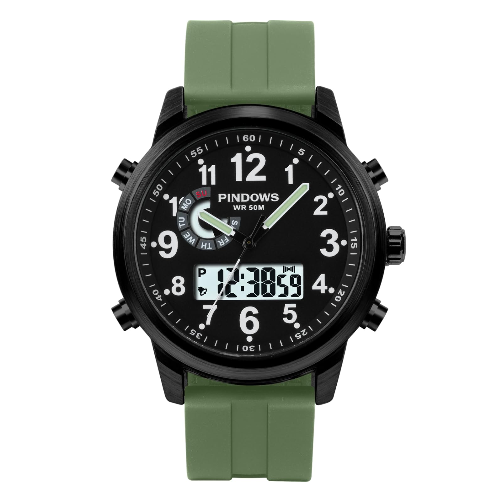 PINDOWS Herrenuhren, bis 30 m wasserdicht, militärische Digitale Analoguhr, Outdoor-Sportuhr, multifunktionale Lederarmbanduhr mit Dualzeit, LED-Hintergrundbeleuchtung, Alarm, Stoppuhr und Kalender