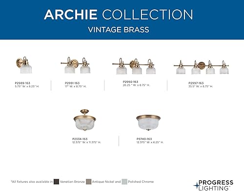 Miniatura 14 de Progress Lighting P2989-163 Archie Collection - Tocador costero de cristal prismático doble transparente, 1 luz, latón vintage