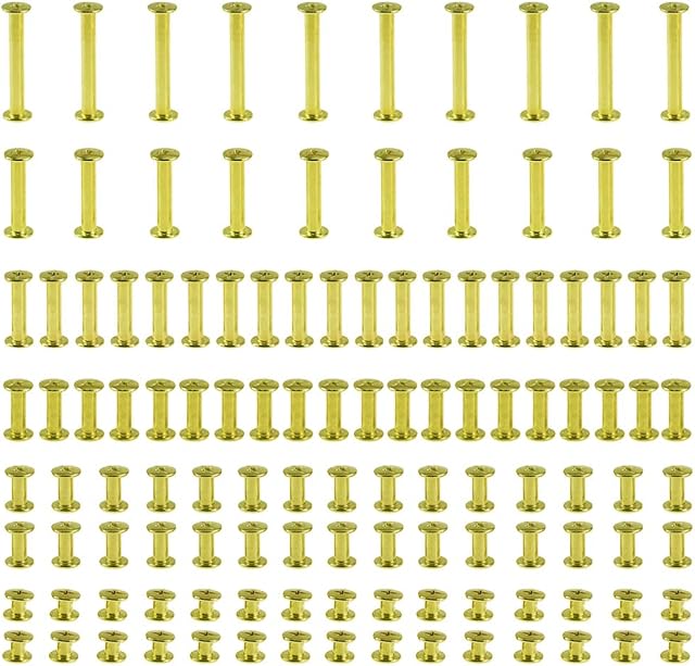 120 Set Chicago Binding Screws Assorted Kit 6 Sizes Metal Round Cross Head Stud Screw Posts Nail Rivet Chicago Button for DIY Leather Decoration Bookbinding (golden)