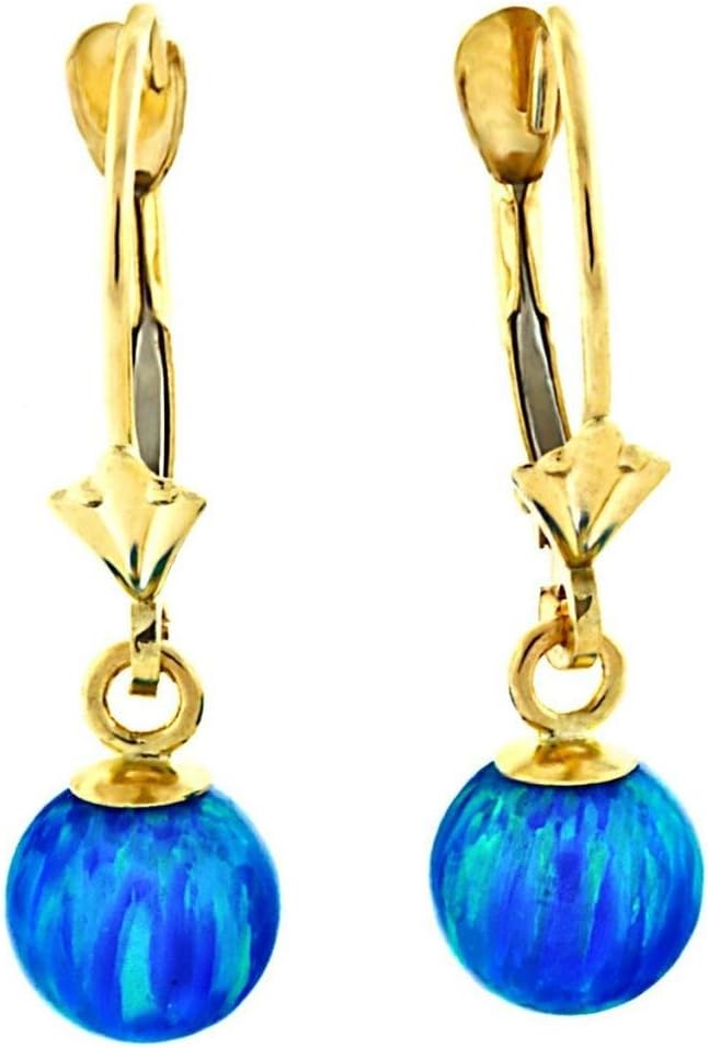 Trustmark 14k Yellow Gold 6mm Tropical Blue Created Opal Ball Lever Back Earrings, Oceans