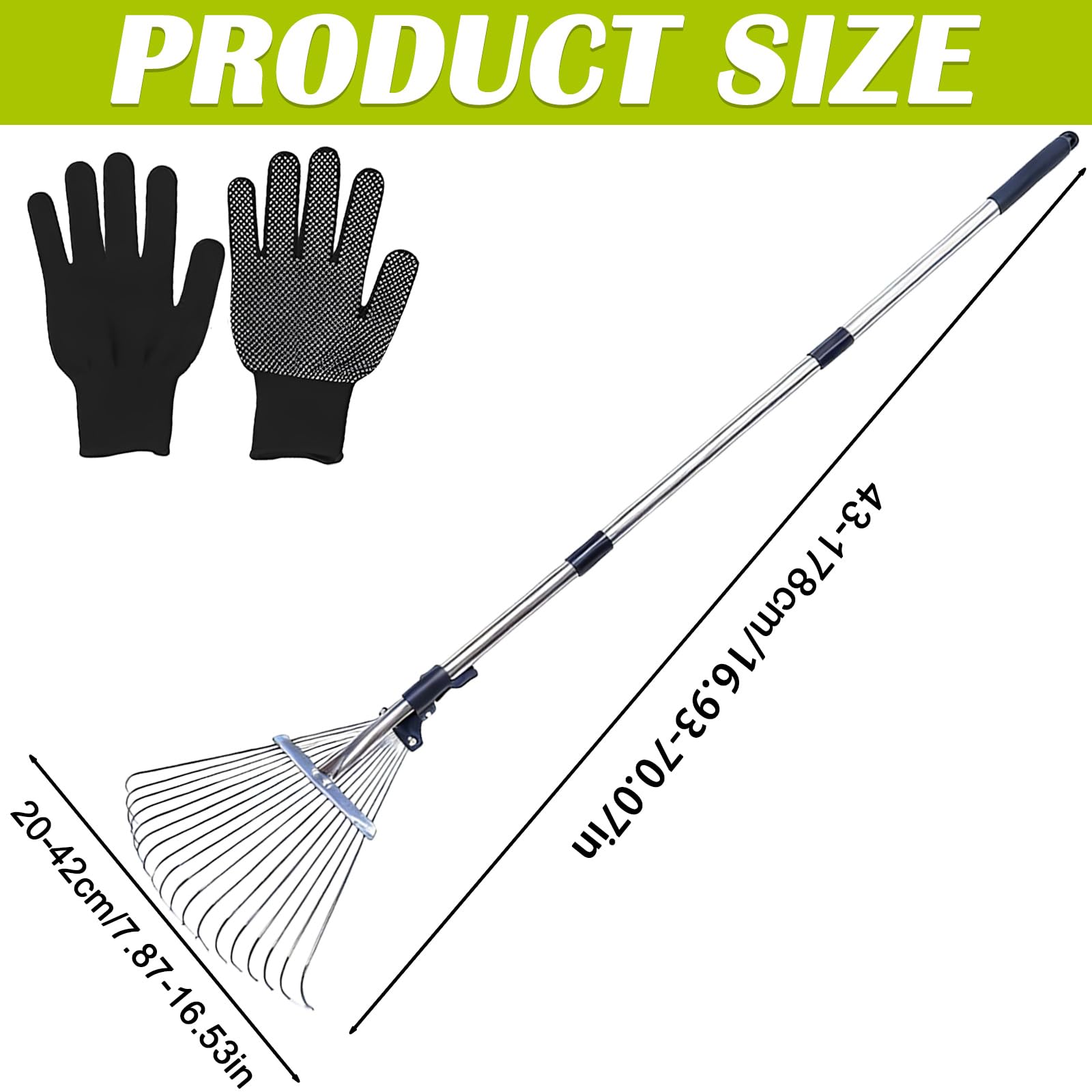 Rastrello Da Giardino Con Manico Regolabile Da 207Cm,18 Denti Rastrello Foglie Con Guanti,Rastrello Giardino,Rastrello Regolabile Con Manico,Scopa Da Giardino Per Foglie Per Giardinaggio,Prato,Cortile