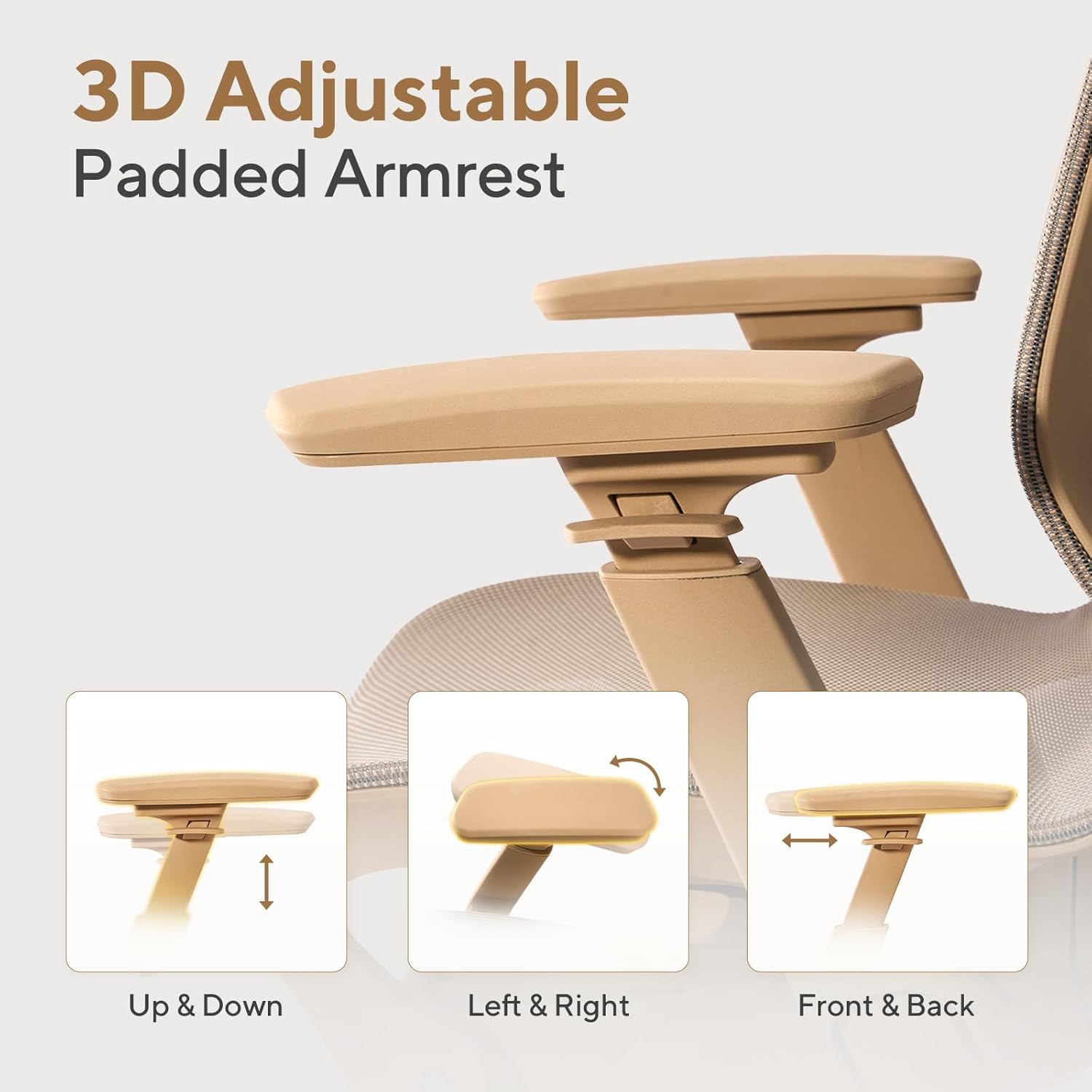 Nouhaus Ergo Airex Ergonomic Office Chair - High Back Mesh Desk Chair Comfy with Adjustable Headrest, Lumbar Support, 3D Armrest, Coat Hanger, Tilt Lock, Home Office Computer Chairs for Studio, Taupe - Image 5