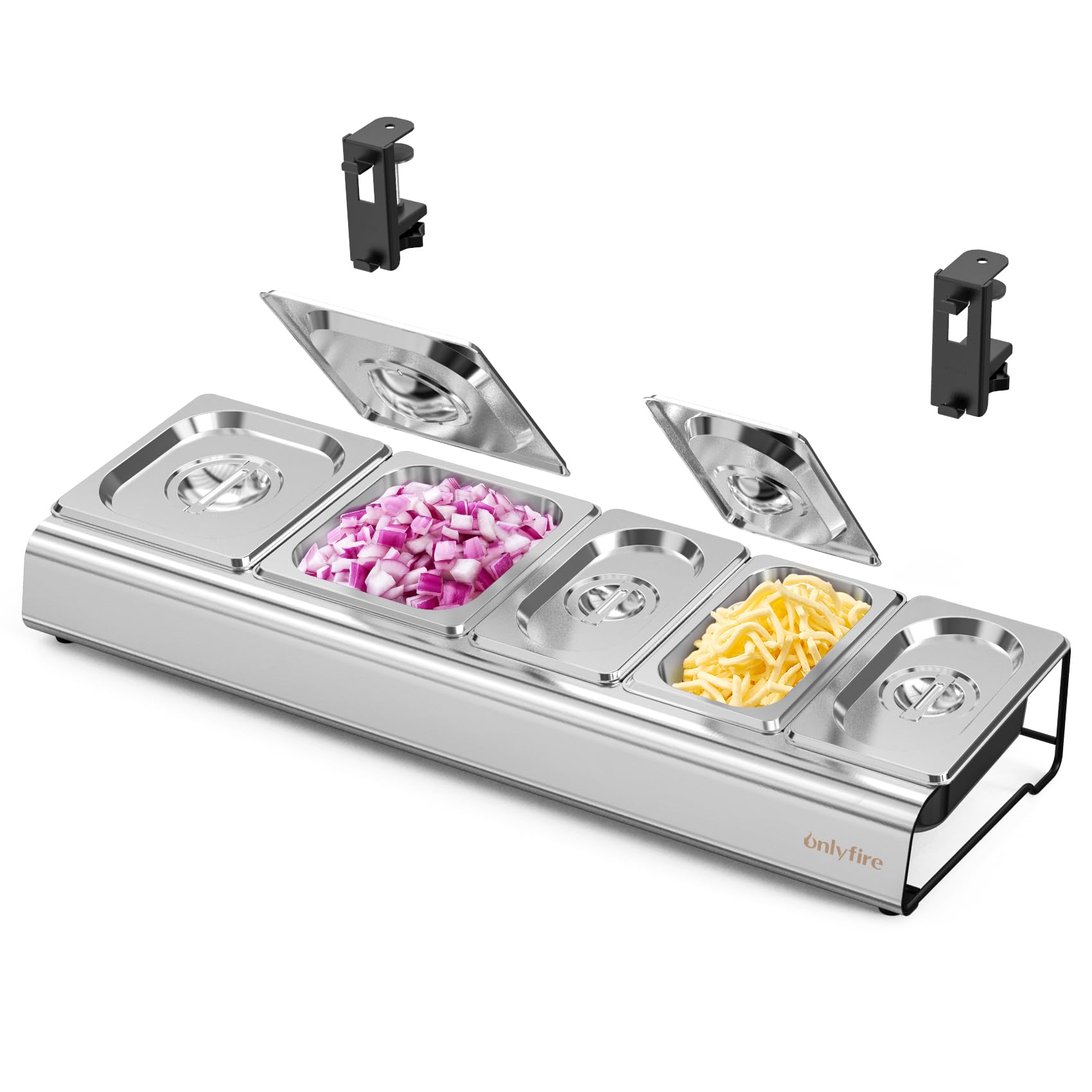 onlyfire Portacondimenti Aggiornata in Acciaio Inossidabile con Coperchio e Morsetti a C per Carrello e Tavolino per Barbecue, Porta Ingredienti Pizza per Preparare Ingredienti, Contenitori per Cibi