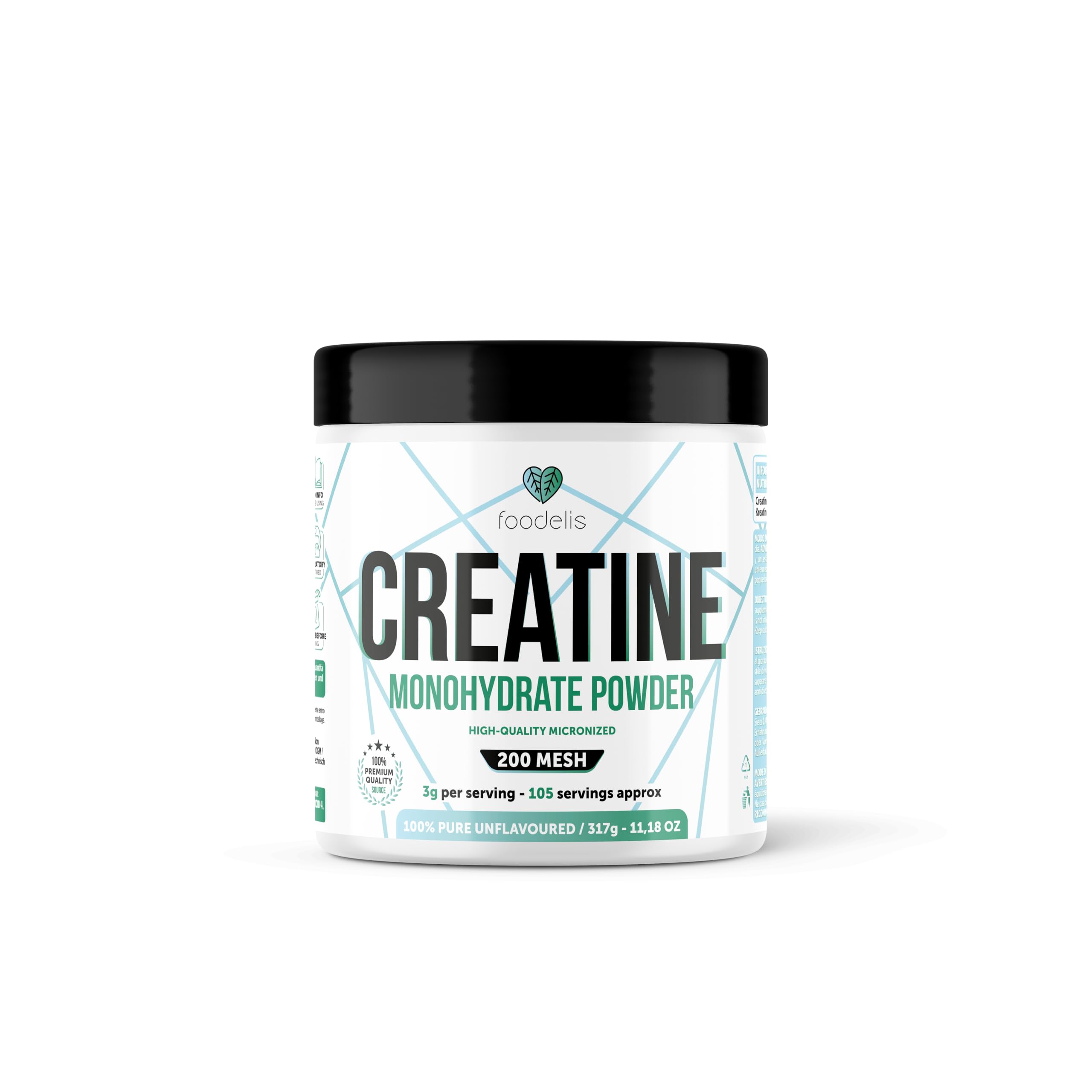 Foodelis Creatina Monoidrata Micronizzata in polvere 317g /106 porzioni - Insapore - Altamente solubile - Migliora le prestazioni fisiche e la forza muscolare - Pura, senza additivi - Include dosatore