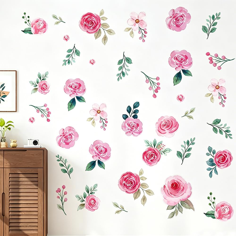 6 Sheets Watercolor Roses Flower Wall Stickers, Pink Floral Wall Decals