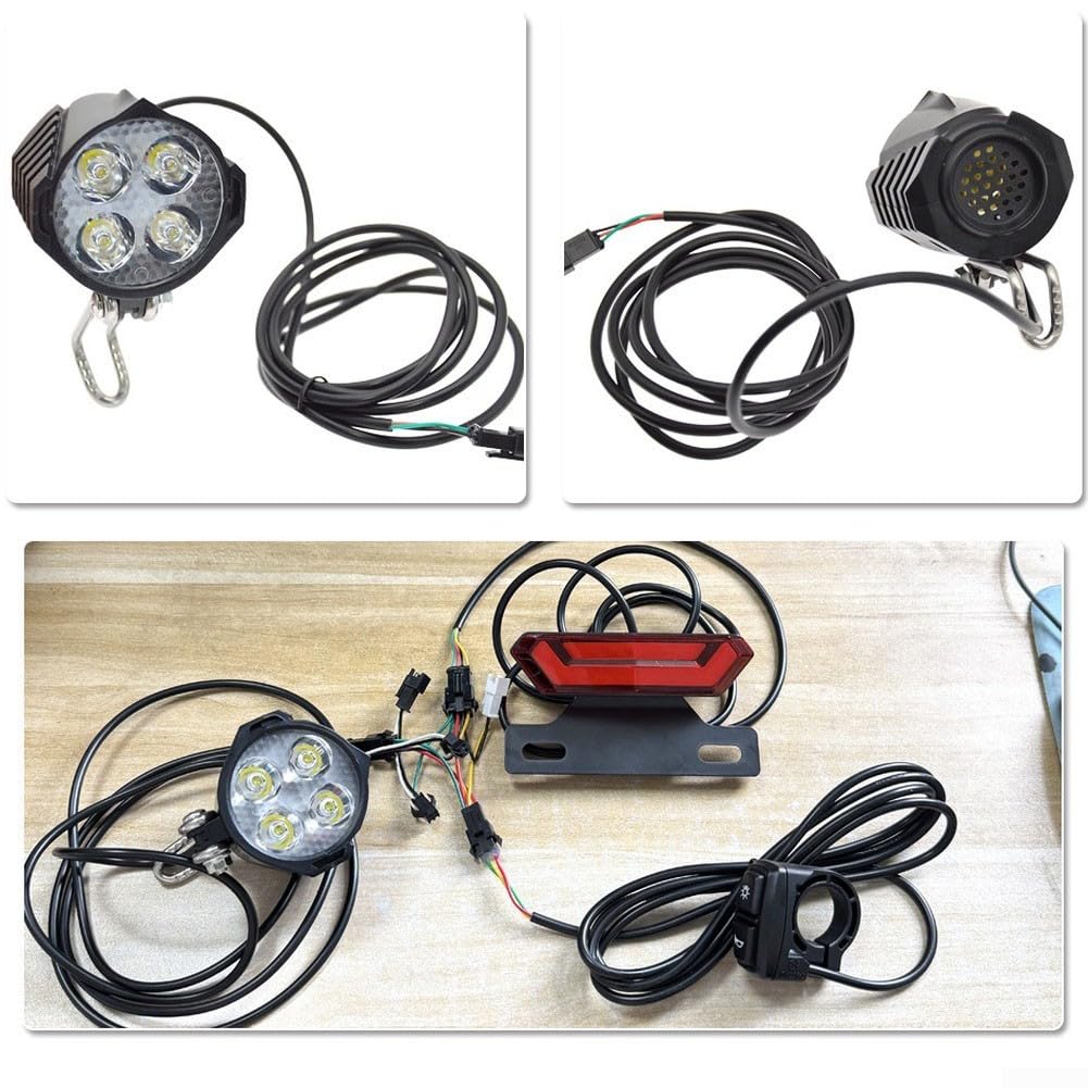 Kit di luci per bici elettrica da 24 V-48 V con interruttore a clacson, set di fari a LED impermeabili e fanale posteriore per bicicletta elettrica, cavo da 1500 mm, luci di sicurezza per guida