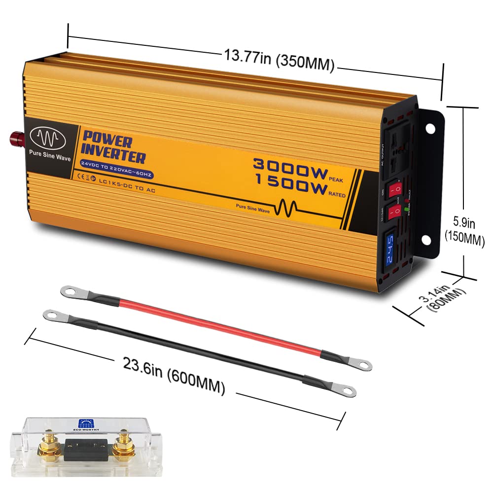 ECO-WORTHY Inverter Solare 1500W 24V DC-24V AC-220V, Onda Sinusoidale Pura di Picco 3000W per Auto/Camper/Casa/Sistema Solare Off-Grid