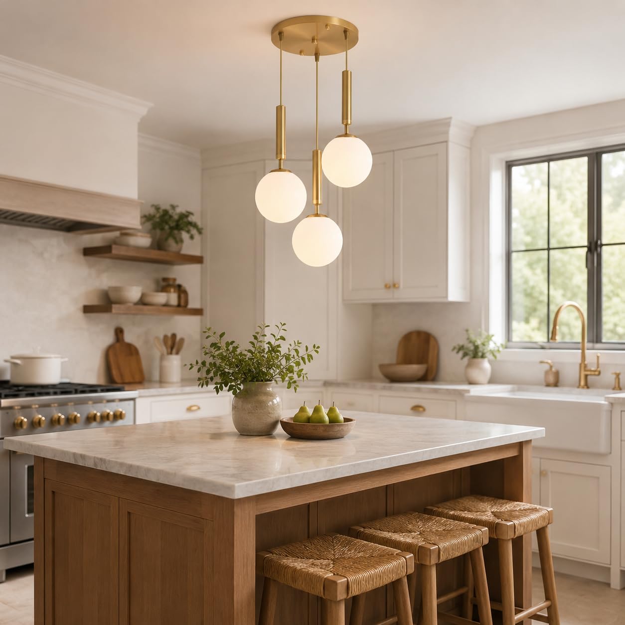 KCO Iluminación colgante de 3 luces, lámpara colgante de globo dorado de mediados de siglo, lámpara de araña grande de cristal blanco leche, moderna iluminación colgante de cocina para sala de estar y