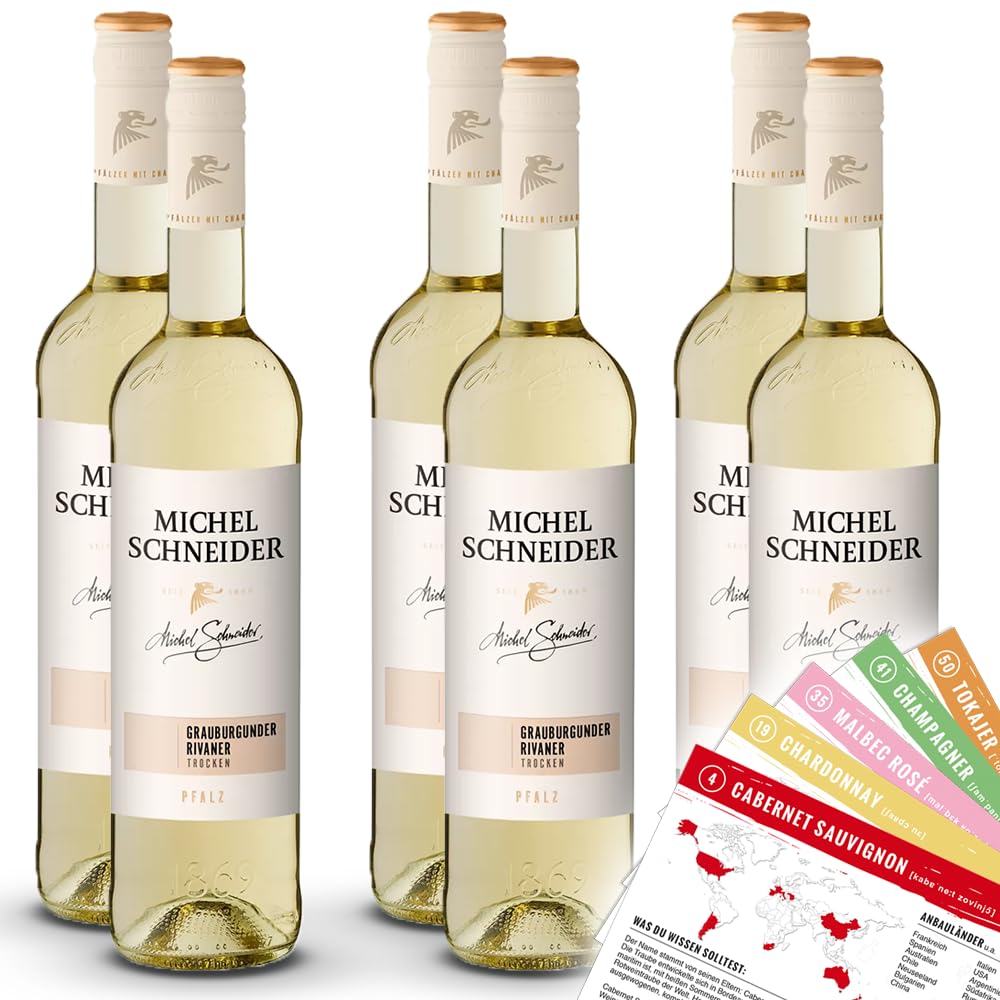 Michel Schneider Grauburgunder Rivaner QbA, trocken, sortenreines Weinpaket + VINOX Winecards (6x0,75l)