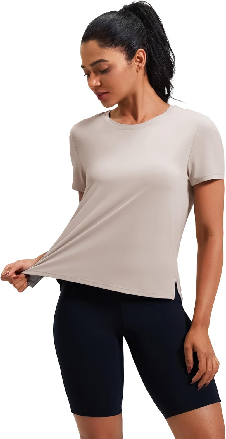 Ice Silk Women's Short Sleeve Workout Shirts Loose Fit Side Slits Athletic Tee Tops - Image 3