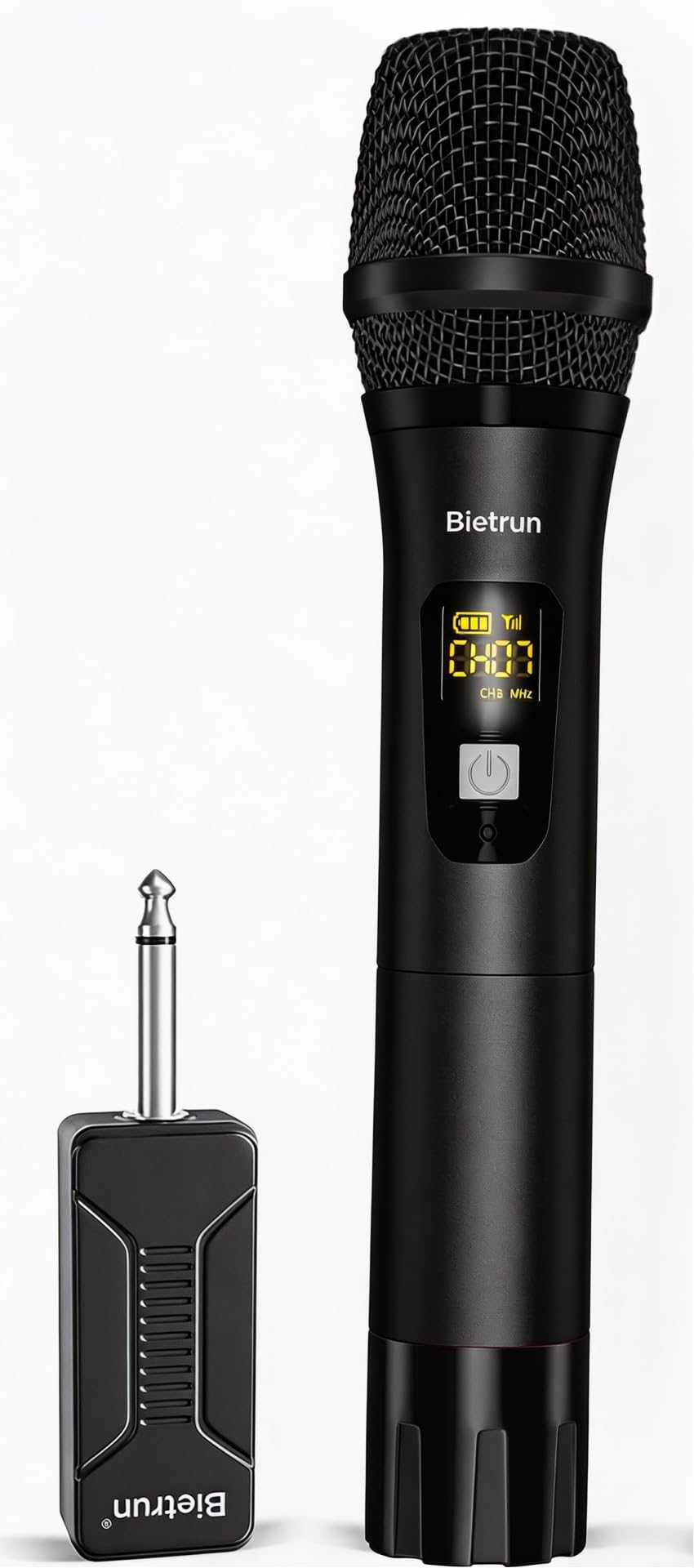 Bietrun Microfono wireless, microfono dinamico con ricevitore ricaricabile, connessione automatica, design interamente in metallo, portata di 48,8 m, microfono senza fili per karaoke, altoparlante