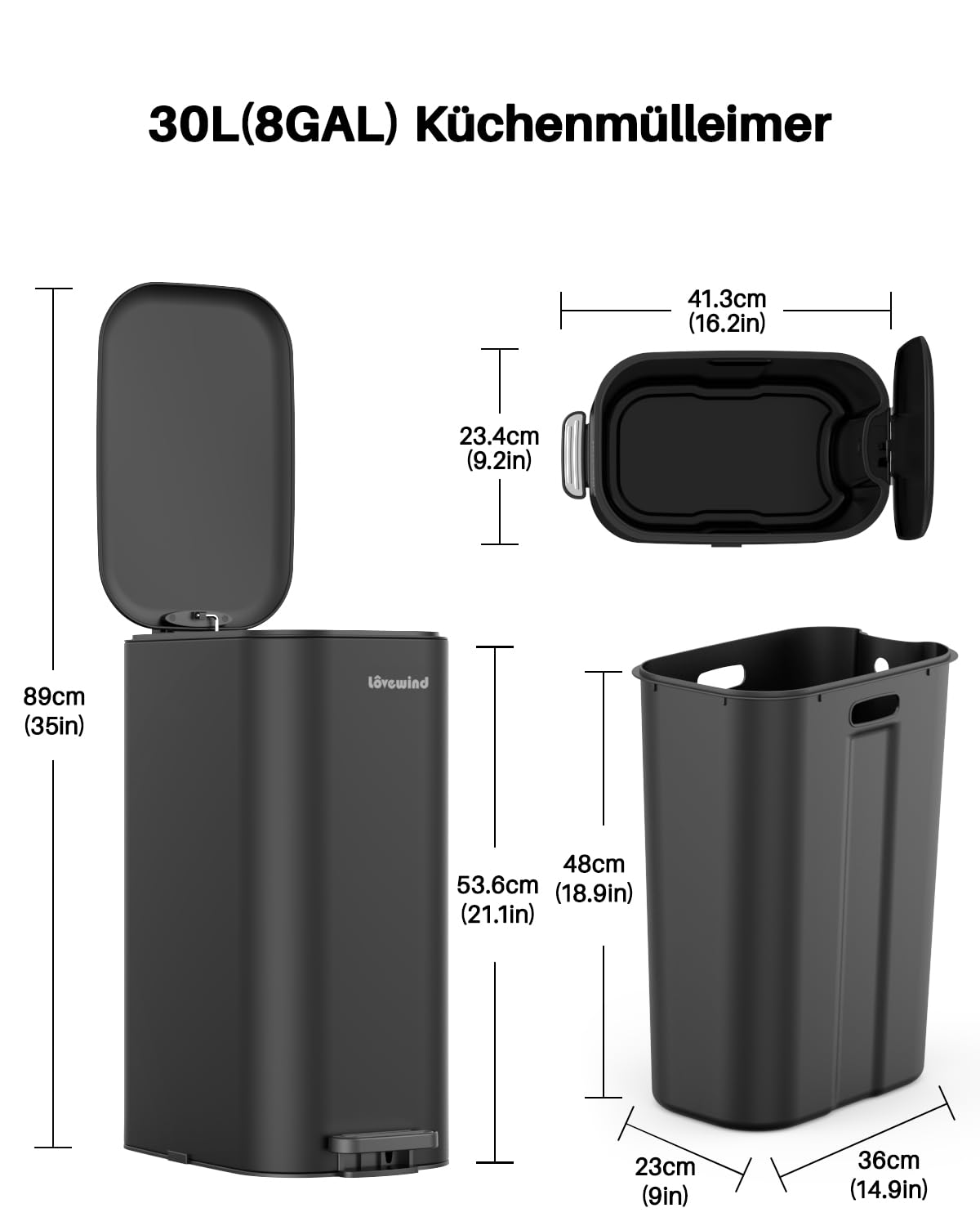 Lovewind Mülleimer Küche 30l, Softclose Abfalleimer mit Deckel,Treteimer aus Stahl, Mülleimer Schmal mit Inneneimer für Küche, Büro, Schwarz
