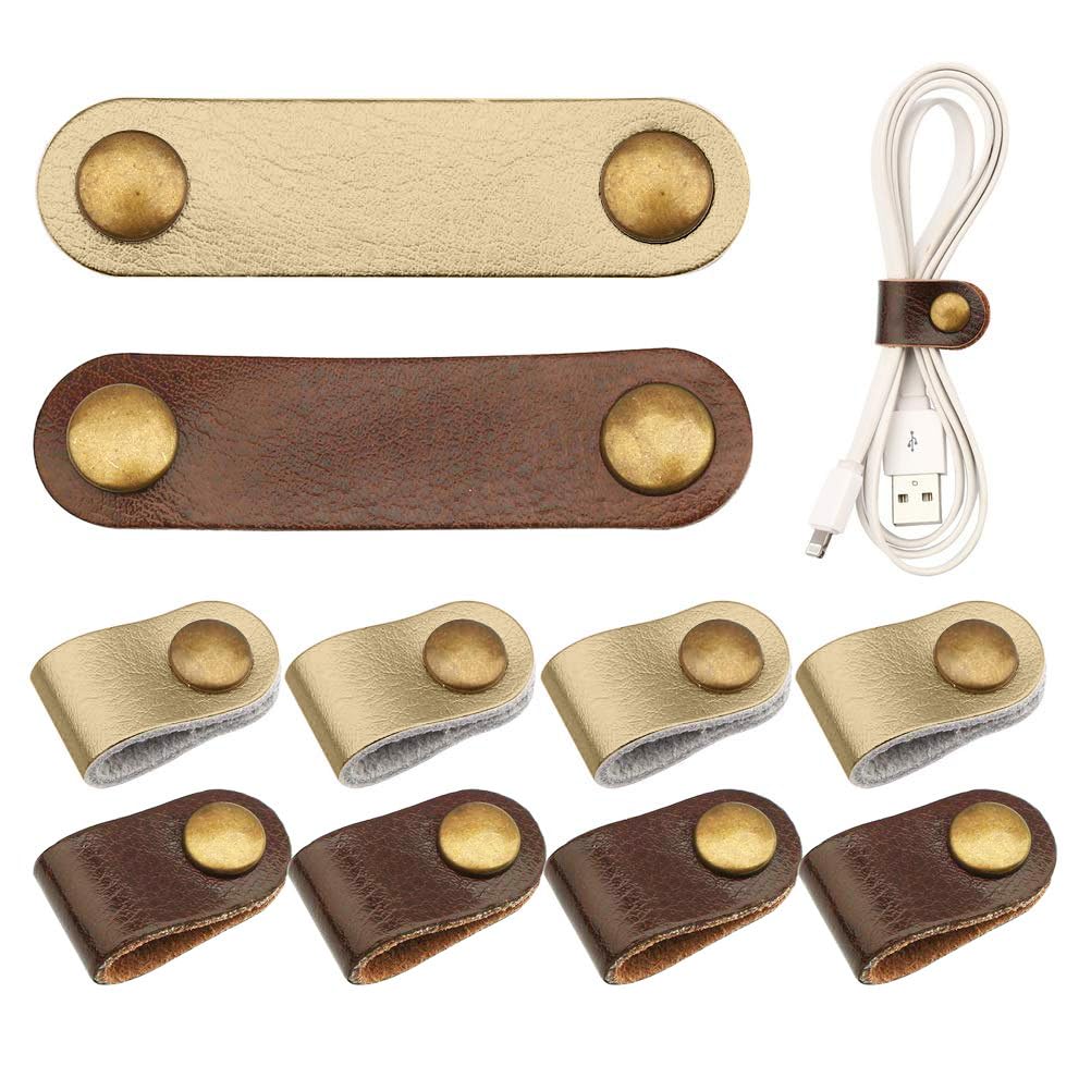 10 Pcs Cord Organizer, Portable Leather Cable Cord Stocking Stuffers for Men USB Straps Earphone Winder with Leather Handmade (Brown/white)