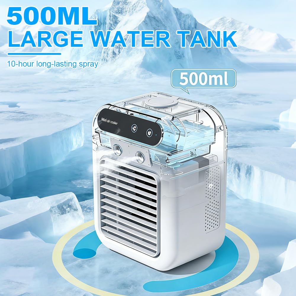 Tragbare Klimaanlage, SGZIOO Mini Luftkühler, Mini Tragbarer Kühler, Klimageräte 500ml Wassertank, Kühlnebel, 4 in 1 Raumkühler, Kühlventilator für Zuhause, Schlafzimmer, Büro und Reisen