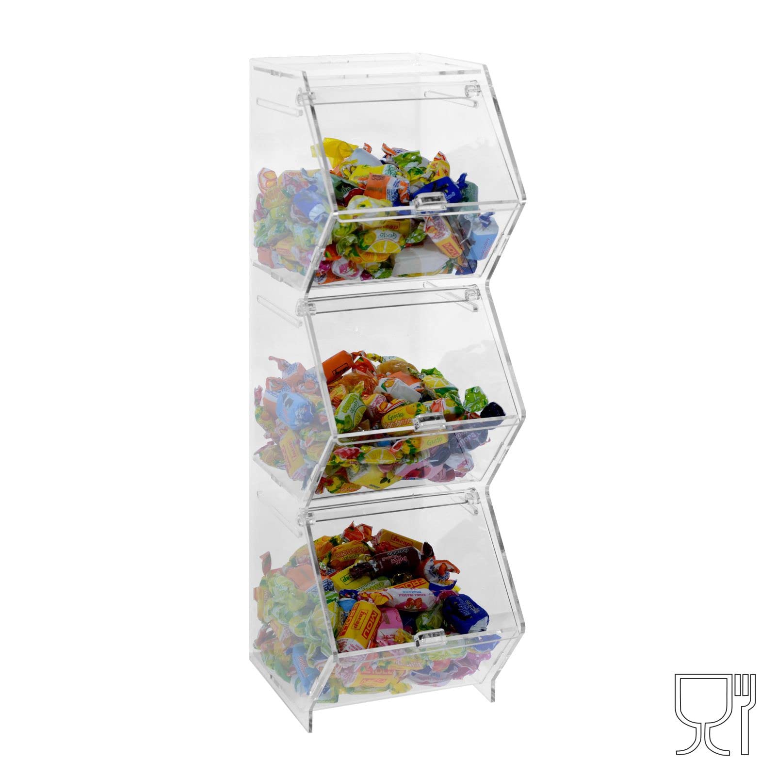 Porta caramelle confezionate da banco o da parete in plexiglass trasparente a 3 scomparti CON sportello a scomparsa - Misure totali: L 13 x P 18 x H 45 cm