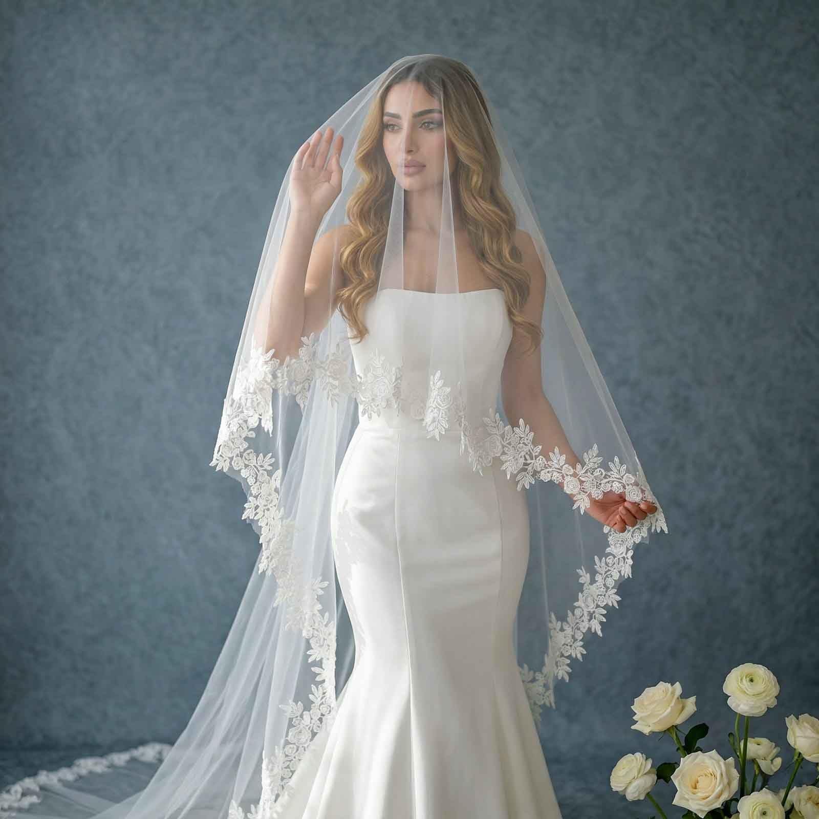 Braut-Schleier 3 Meter Weich Hochzeits-Schleier, Braut Hochzeit Softtül Einlagiger Hochzeits-Schleier Brautschleier-Spitze-Stickerei-Braut Liefert
