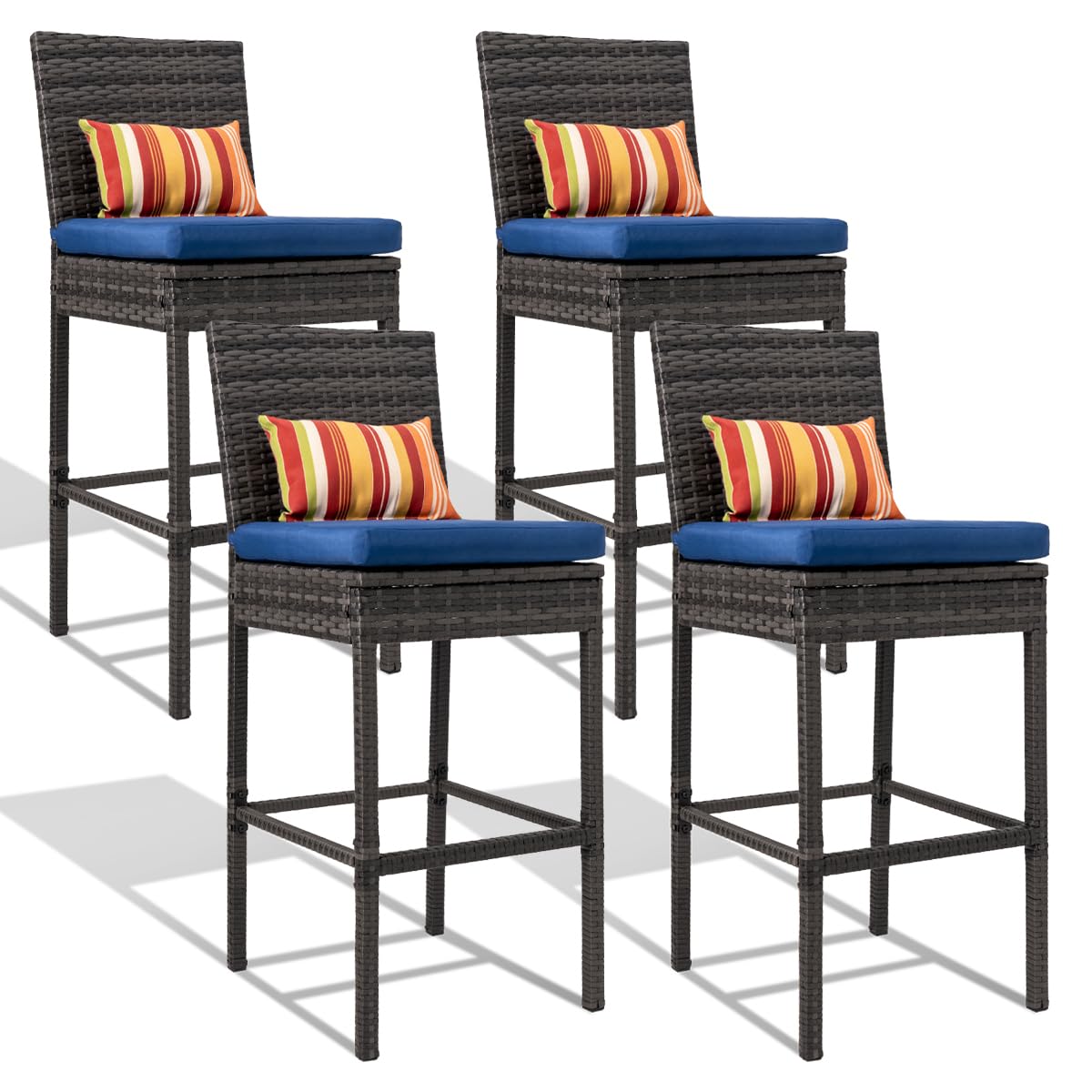 Sundale Outdoor Wicker Bar Stool Set of 4, 30 Inch Seat Height Patio Counter Height Stool with Back Rest, Rattan Woven Tall Chair with Pillow & Navy