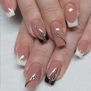 Foccna Square Press on Nails Rhinestone Black Fake Nails Tips Women's French False Nails White Medium Glossy Daily Wear Artificail Nails for Nail Art Manicure Decoration 24pcs