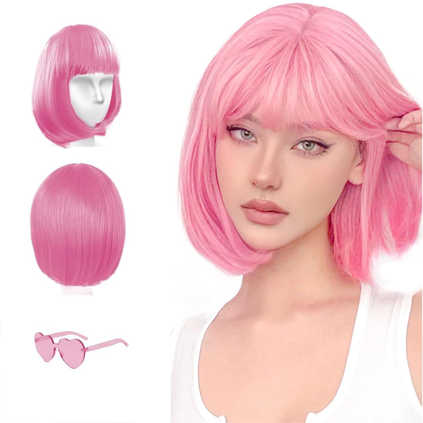 Khazna Featured Wigs with Party Sunglasses, Makeup Party Kit, Color Wig, Cosplay Wigs and Party Wigs Decorations Favors (Pink)