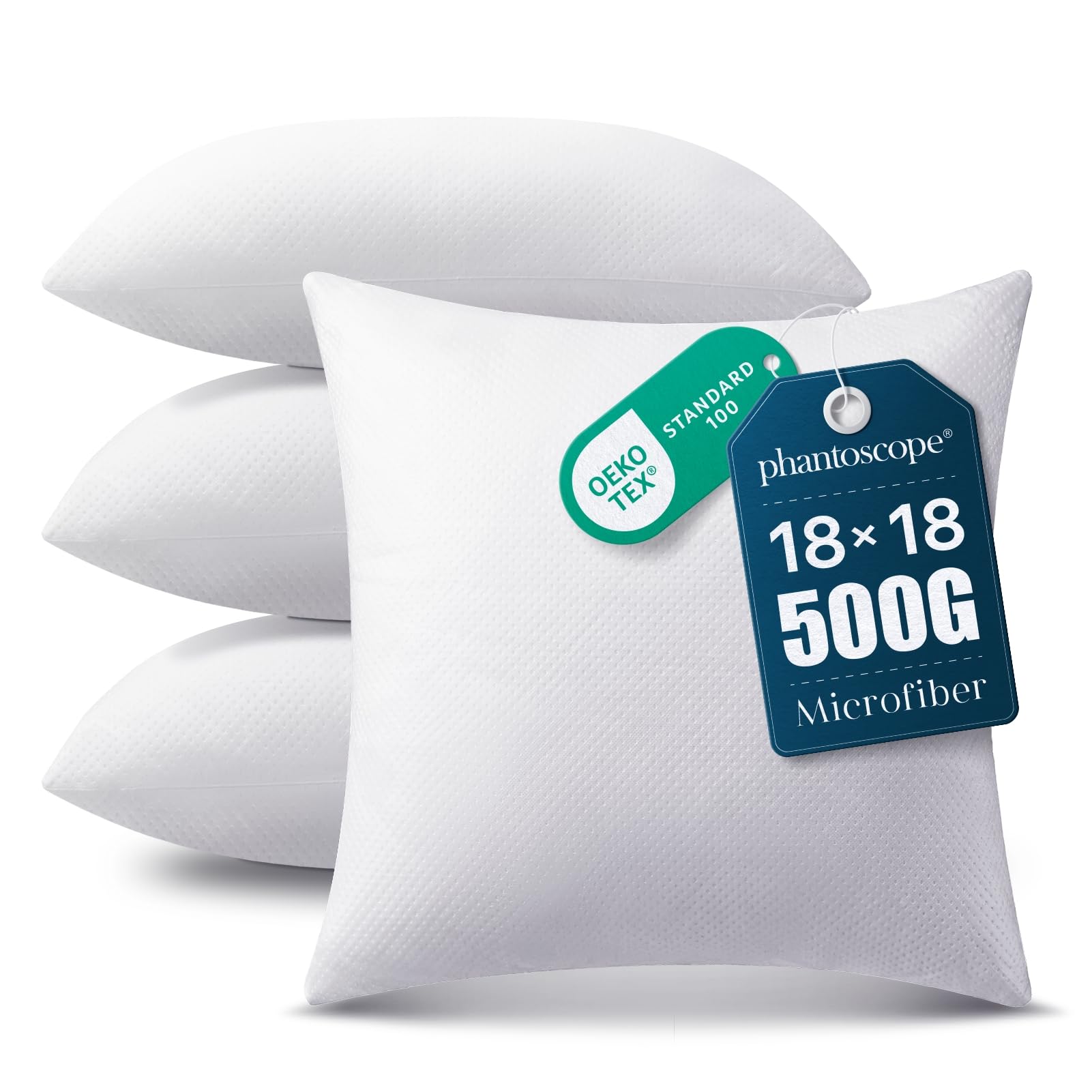 Phantoscope Pillow Inserts, Hypoallergenic 100% Virgin Fiber Square Form Microfiber Throw Pillow Inserts, Couch Bed Pillows 45x45 cm, 18x18 Inch (Pack of 4)