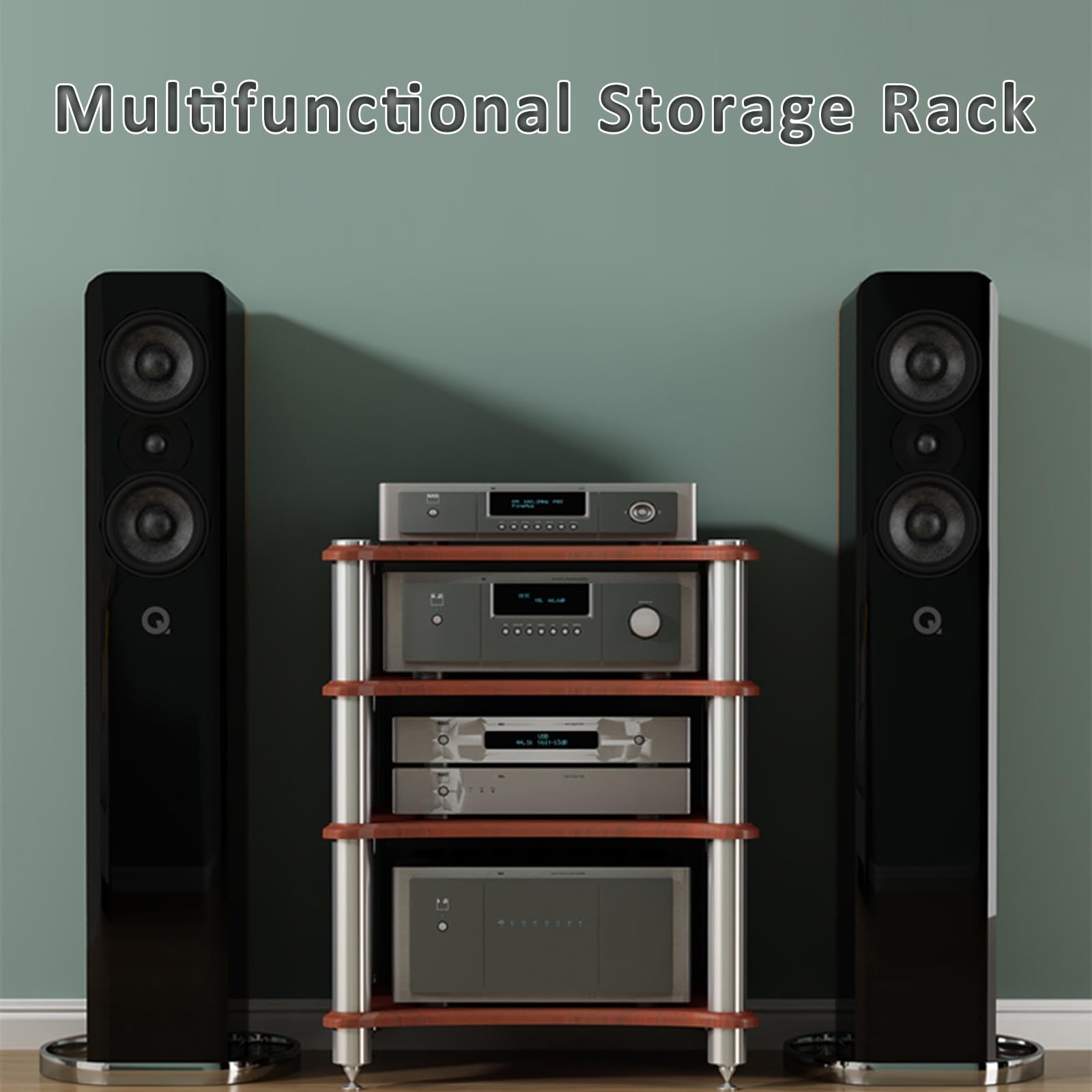 Supporto multimediale AV a 2 Livelli con Supporto per Altoparlanti - Mobiletto per intrattenimento in Teak per Console per Videogiochi, Sale riunioni e soggiorni - 60x48x40 cm, Soluzione di