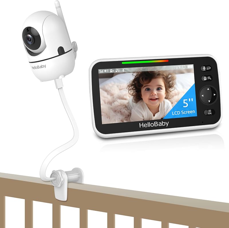 Baby Monitor No WiFi with Crib Clip, 5'' IPS Screen and 30-Hour Battery Life, Baby Monitor with Camera and Audio, Flexible Clip Mount with Long Gooseneck Arm