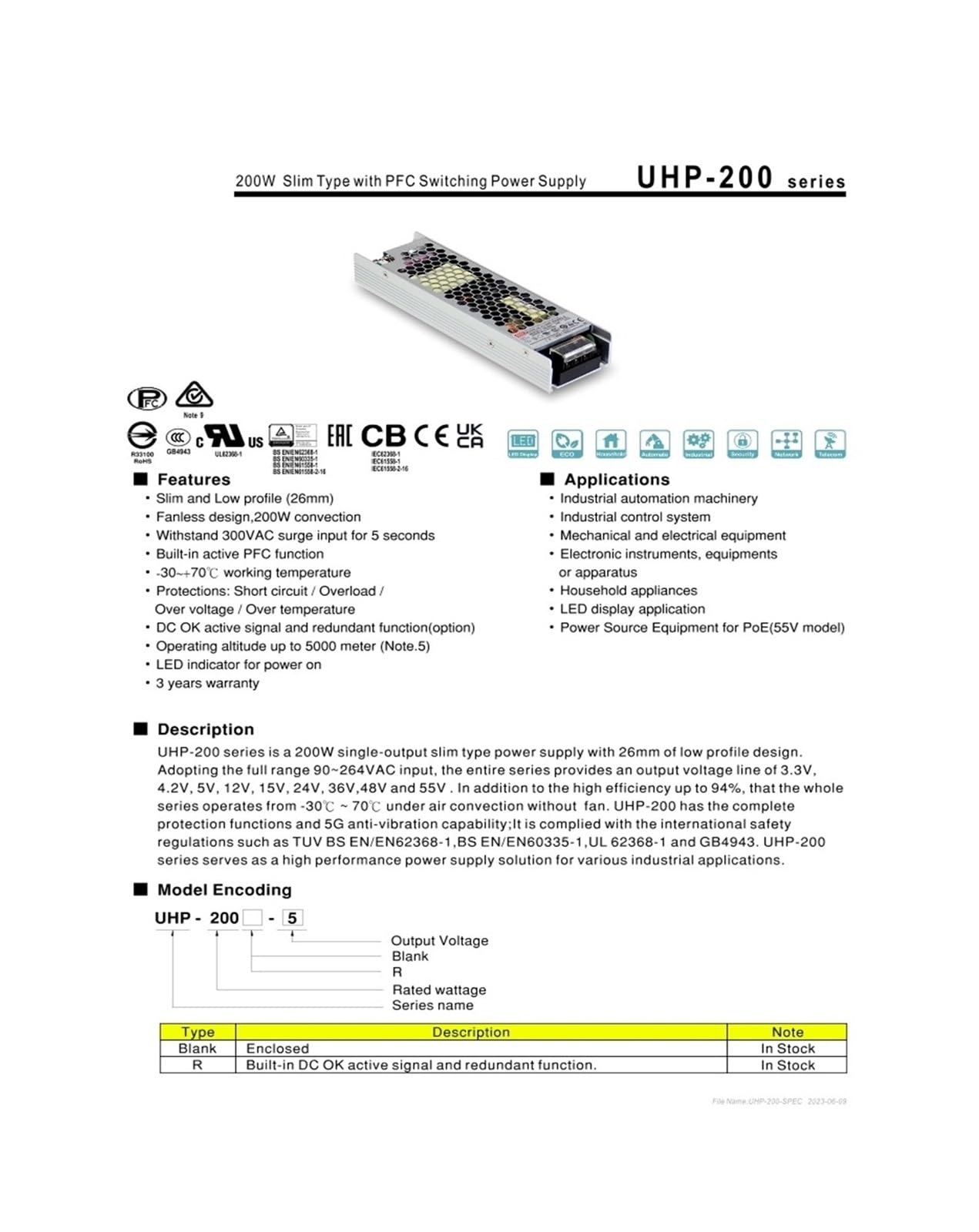 Alimentatore switching UHP-200-55 da 200 W, 55 V, tipo sottile, con PFC