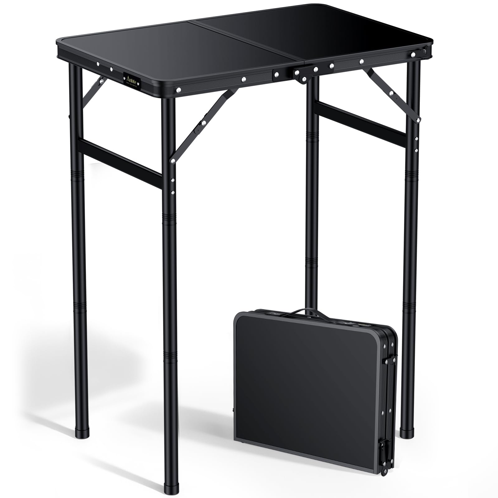 Anbte Table de Camping Pliante 60x40x27/51/74 cm en Aluminium, Noir | Table Pique-Nique avec Filet de Rangement, Légère et Portable avec Plateau en MDF pour Extérieur/Intérieur, Plage, Camping