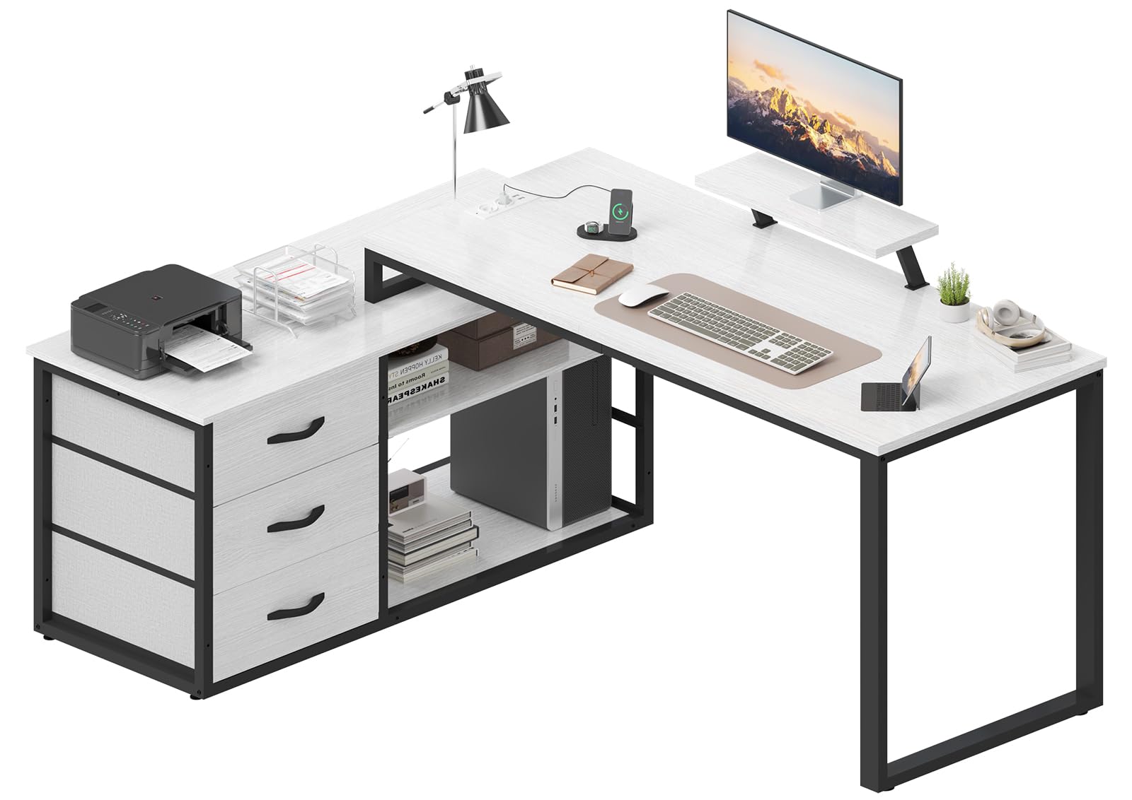 TRIUMPHKEY Eckschreibtisch mit 3 Schubladen&Stauraum, 140 x 105 x 75 cm Reversible Schreibtisch l Form, L-förmiger Schreibtisch mit 2 USB-Ladeanschlüssen und 2 Steckdosen