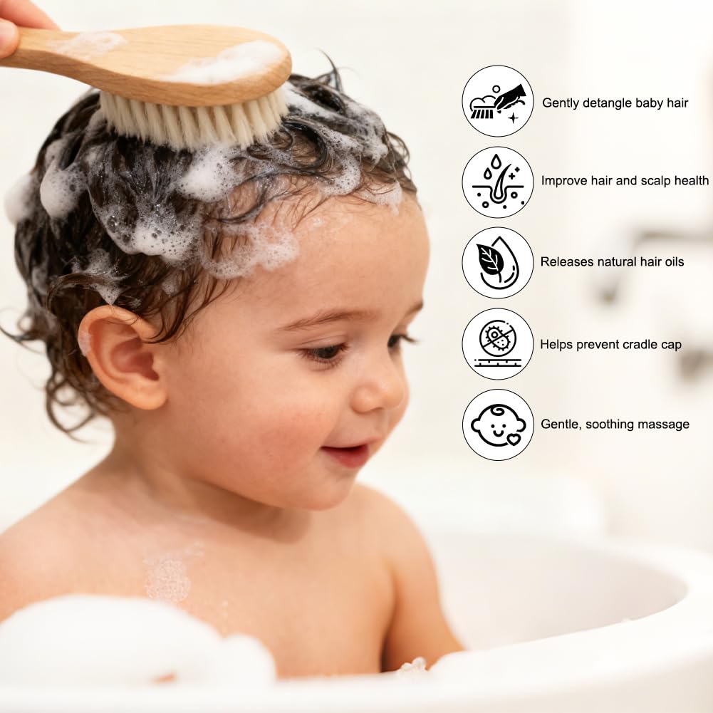 Beugo Brosse Cheveux Bebe, 2 Pièce Brosses à Cheveux de Bébé, Brosse à cheveuxs Poils de chèvre avec Brosses de Massage en Silicone pour Nouveau-né Garçons et Filles (Rose)