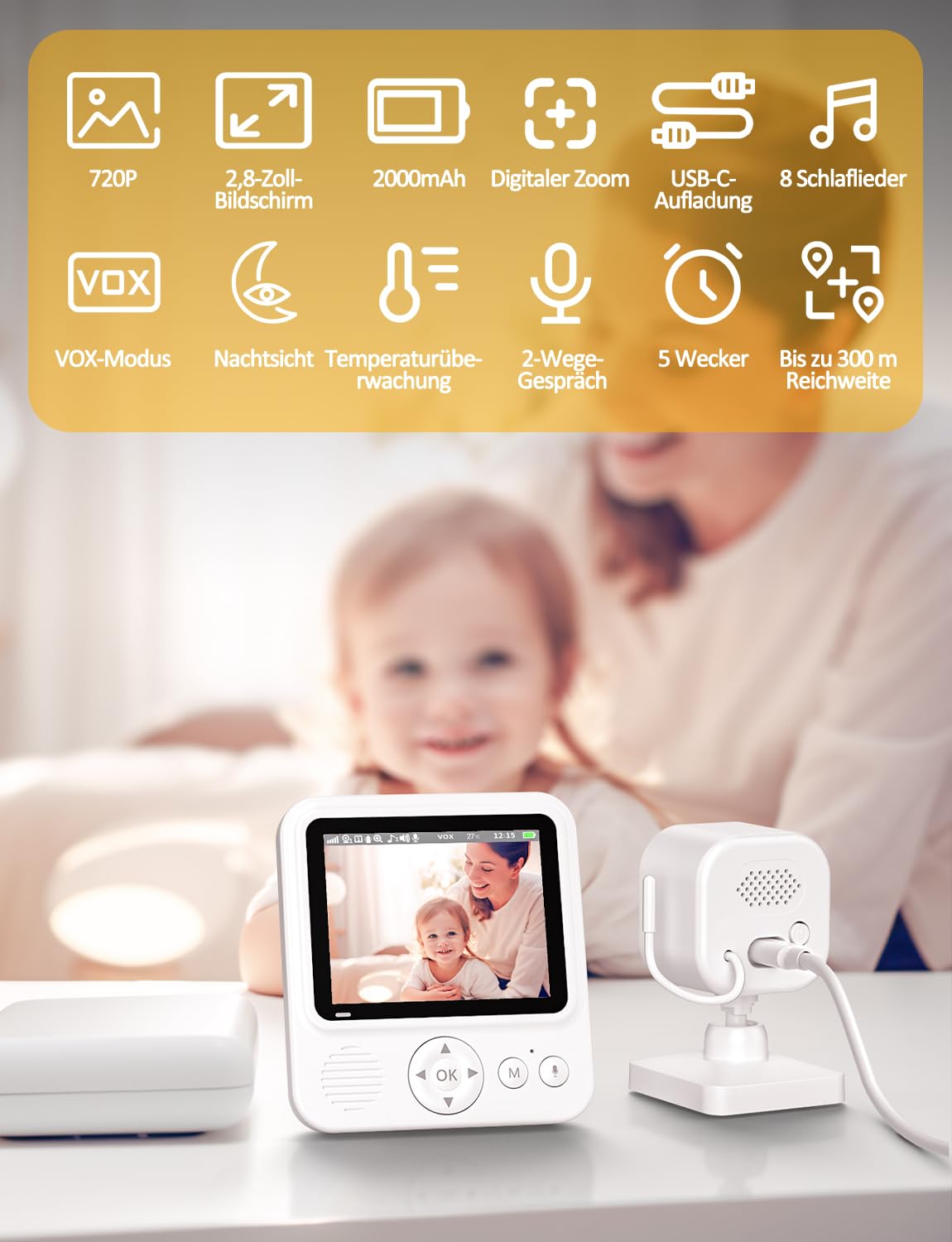 OBVHNUA Vigilabebés con Cámara 720p IPS, Monitor para Bebés 2,8" con Batería de 2000mAh, Zoom Digital, Modo VOX, Audio Bidireccional, Visión Nocturna, Control de Temperatura, Canciones de Cuna, Alarma