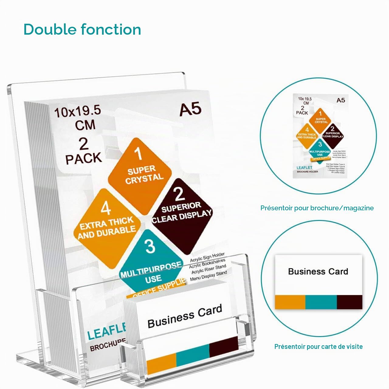 Lot de 2 porte-brochures A5 avec porte-cartes de visite en acrylique | Brochures de menu épaisses autonomes en plexiglas pour magazines, cartes de visite, brochures