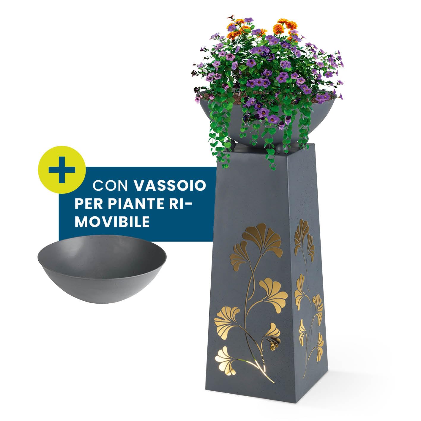 Hoberg LED Fioriera su piedistallo Foglie di Ginkgo Design in Color Cemento | Vaso Rimovibile (Ø 34cm) Adatto per Uso Interno ed Esterno | Illuminazione Integrata, USB o Solare [23 x 23 x 70 cm]