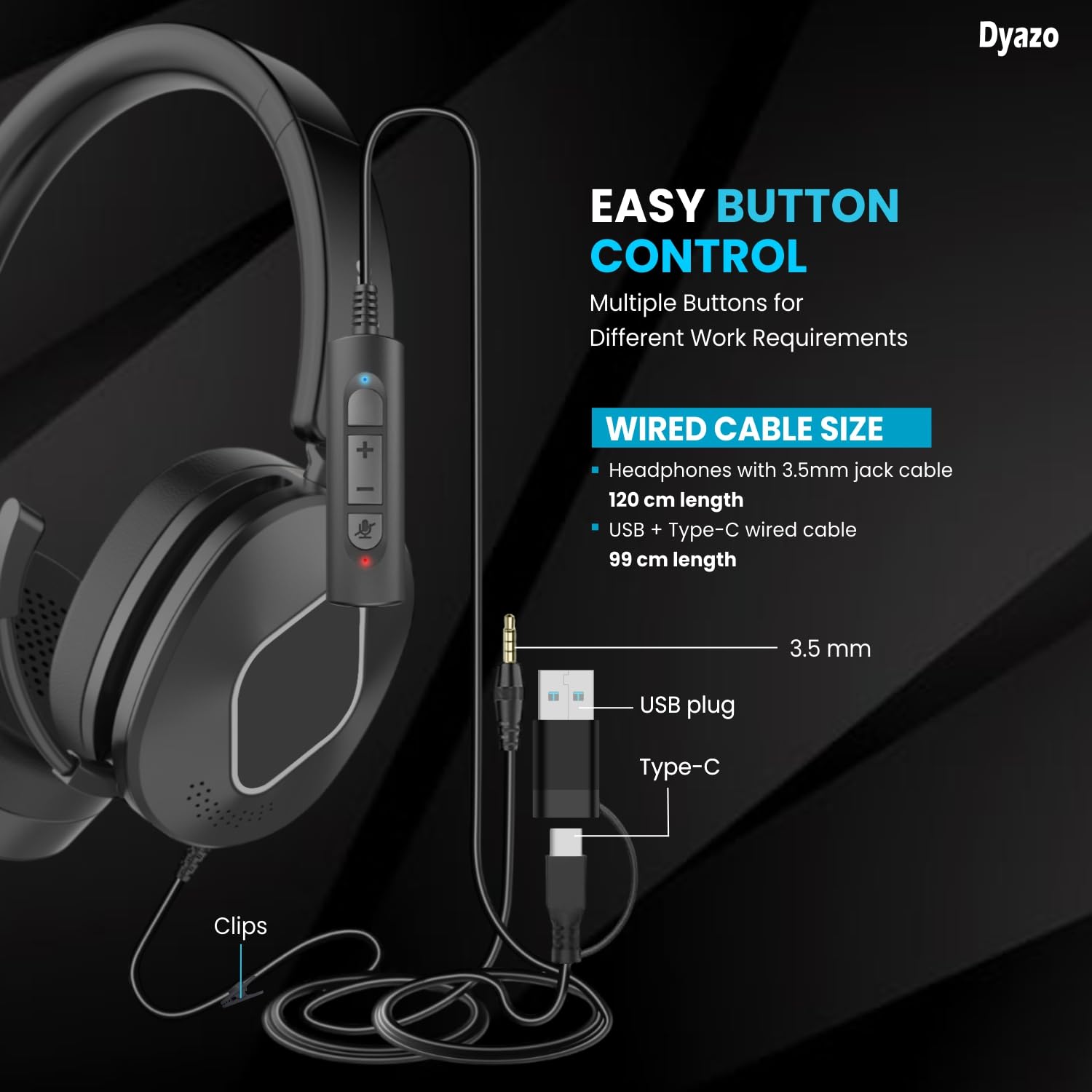 Dyazo Wired Headset with Microphone | Active & Environmental Noise Cancellation | 3-in-1 USB, Type-C & 3.5mm Connectivity | in-Line Controls | On-Ear Headphones for PC, Mobile Phone & Laptop (Black) — Amazon image 4