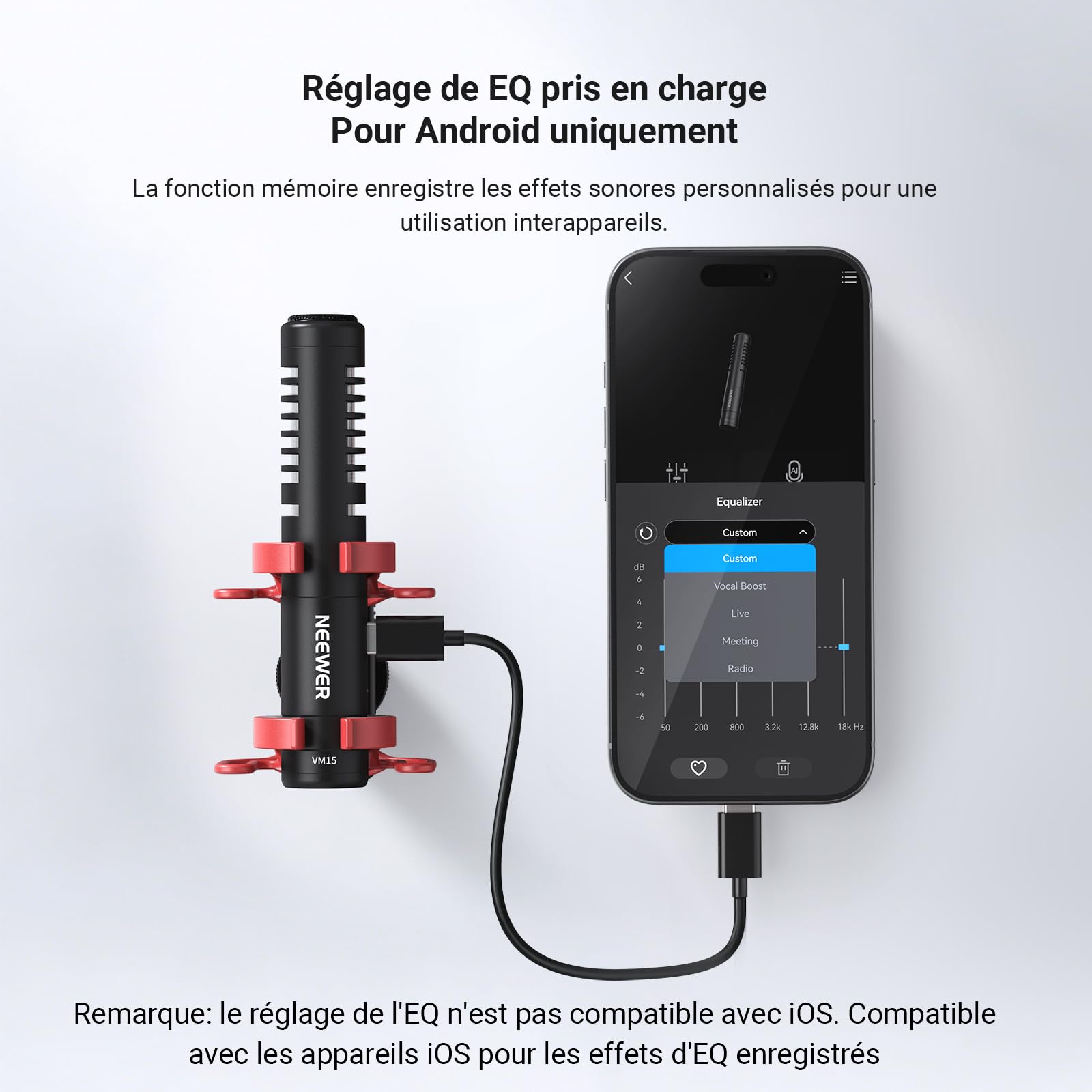 NEEWER VM15 Micro Supercardioïde Miniature avec Réduction de Bruit AI,App Audio& égaliseur,48kHz/24bit,Entrée Analogique 3,5mm/Numérique USB C,Compatible avec iPhone Android,EQ Uniquement pour Android